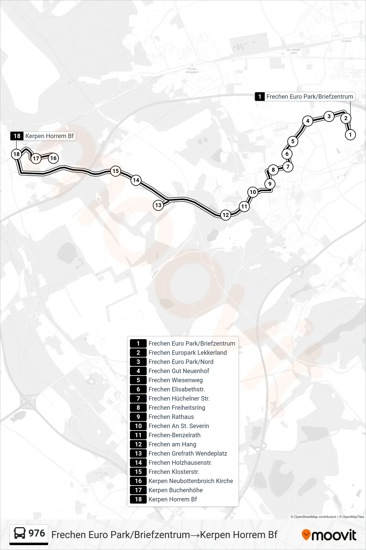 Linie 976 (Bus) Richtung Frechen Euro Park/Briefzentrum→Kerpen Horrem Bf: Route und Haltestellen auf der Karte