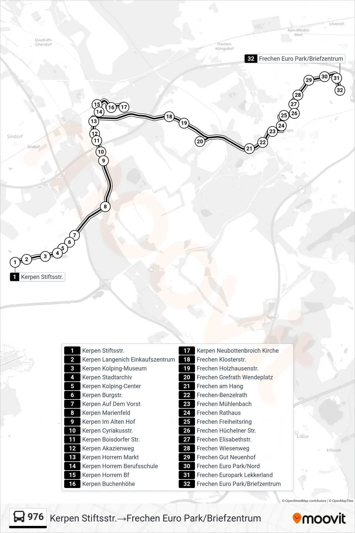 Linie 976 (Bus) Richtung Kerpen Stiftsstr.→Frechen Euro Park/Briefzentrum: Route und Haltestellen auf der Karte