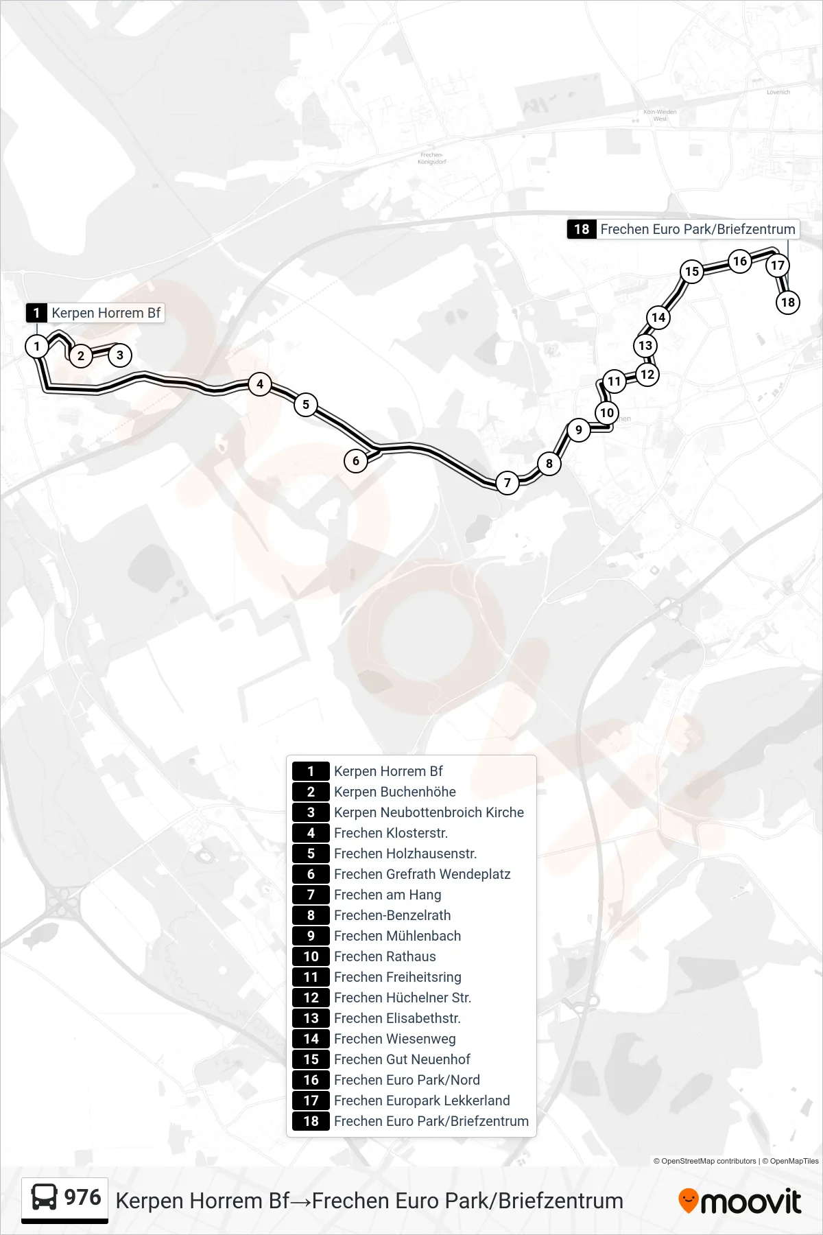 Linie 976 (Bus) Richtung Kerpen Horrem Bf→Frechen Euro Park/Briefzentrum: Route und Haltestellen auf der Karte