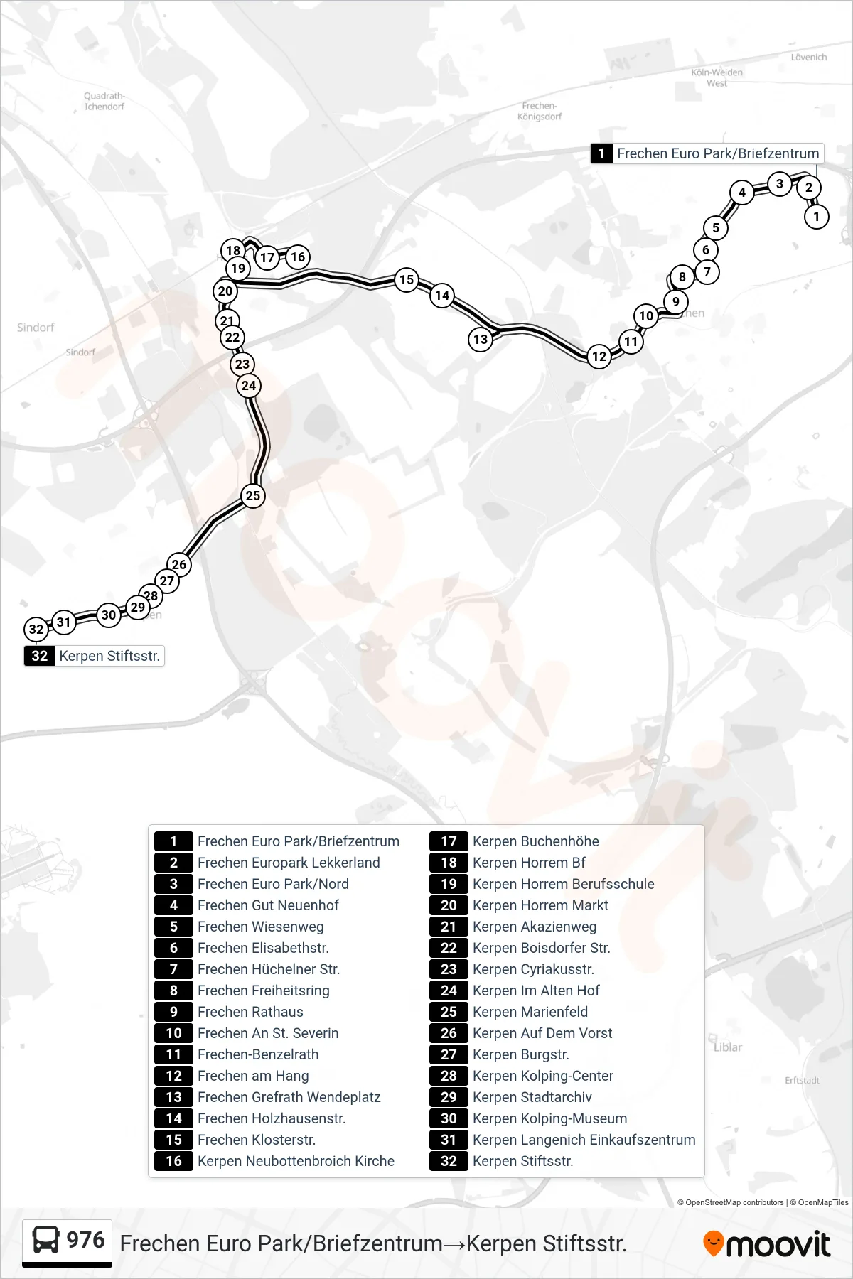Linie 976 (Bus) Richtung Frechen Euro Park/Briefzentrum→Kerpen Stiftsstr.: Route und Haltestellen auf der Karte