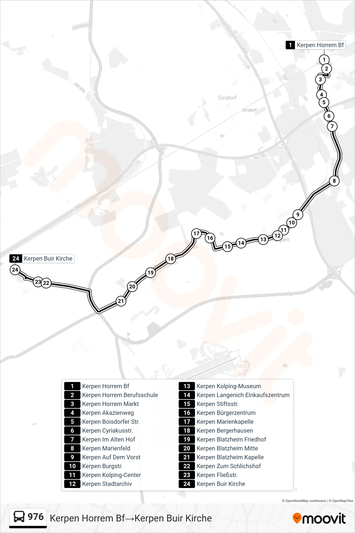 Linie 976 (Bus) Richtung Kerpen Horrem Bf→Kerpen Buir Kirche: Route und Haltestellen auf der Karte