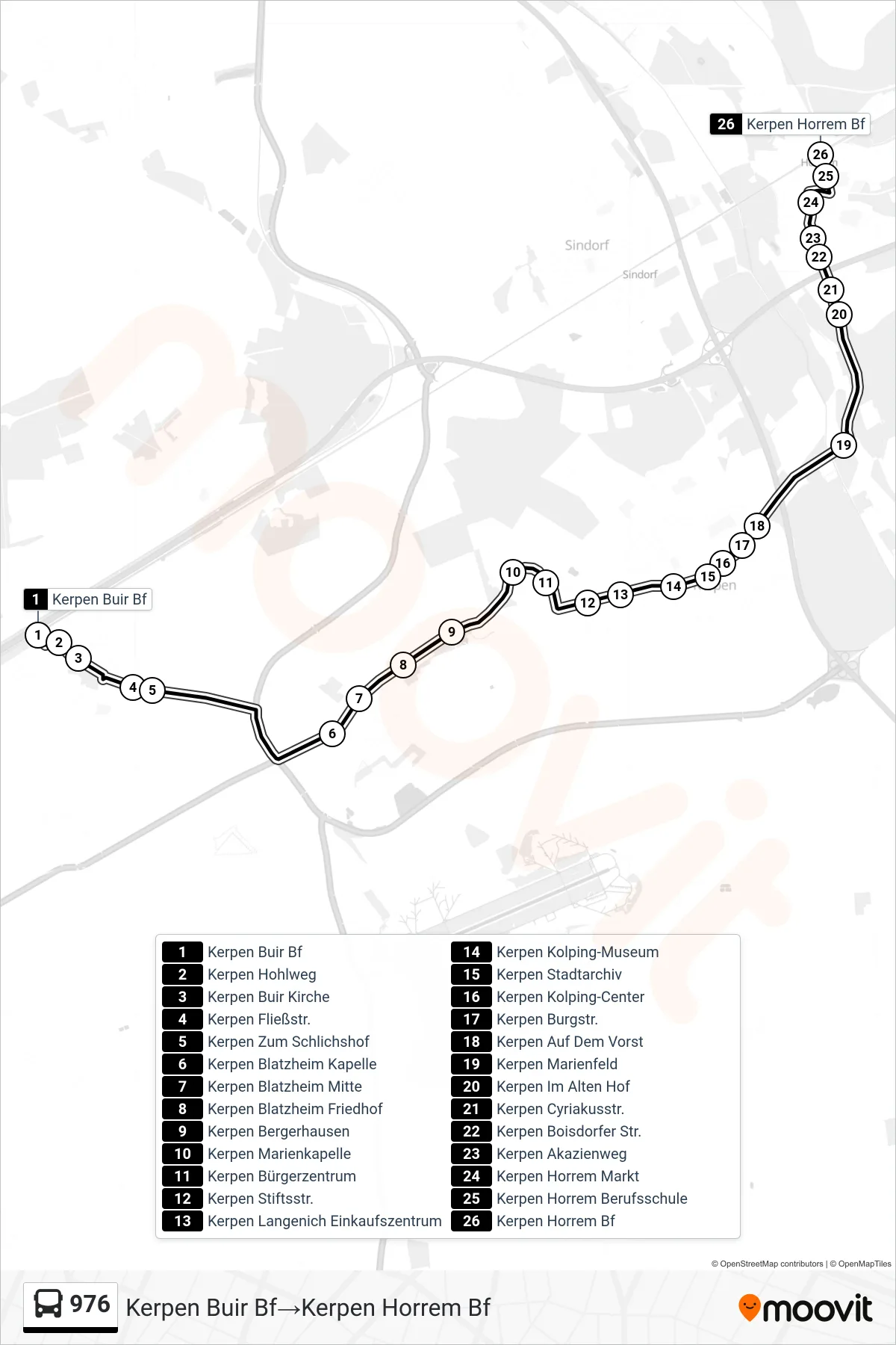 Linie 976 (Bus) Richtung Kerpen Buir Bf→Kerpen Horrem Bf: Route und Haltestellen auf der Karte