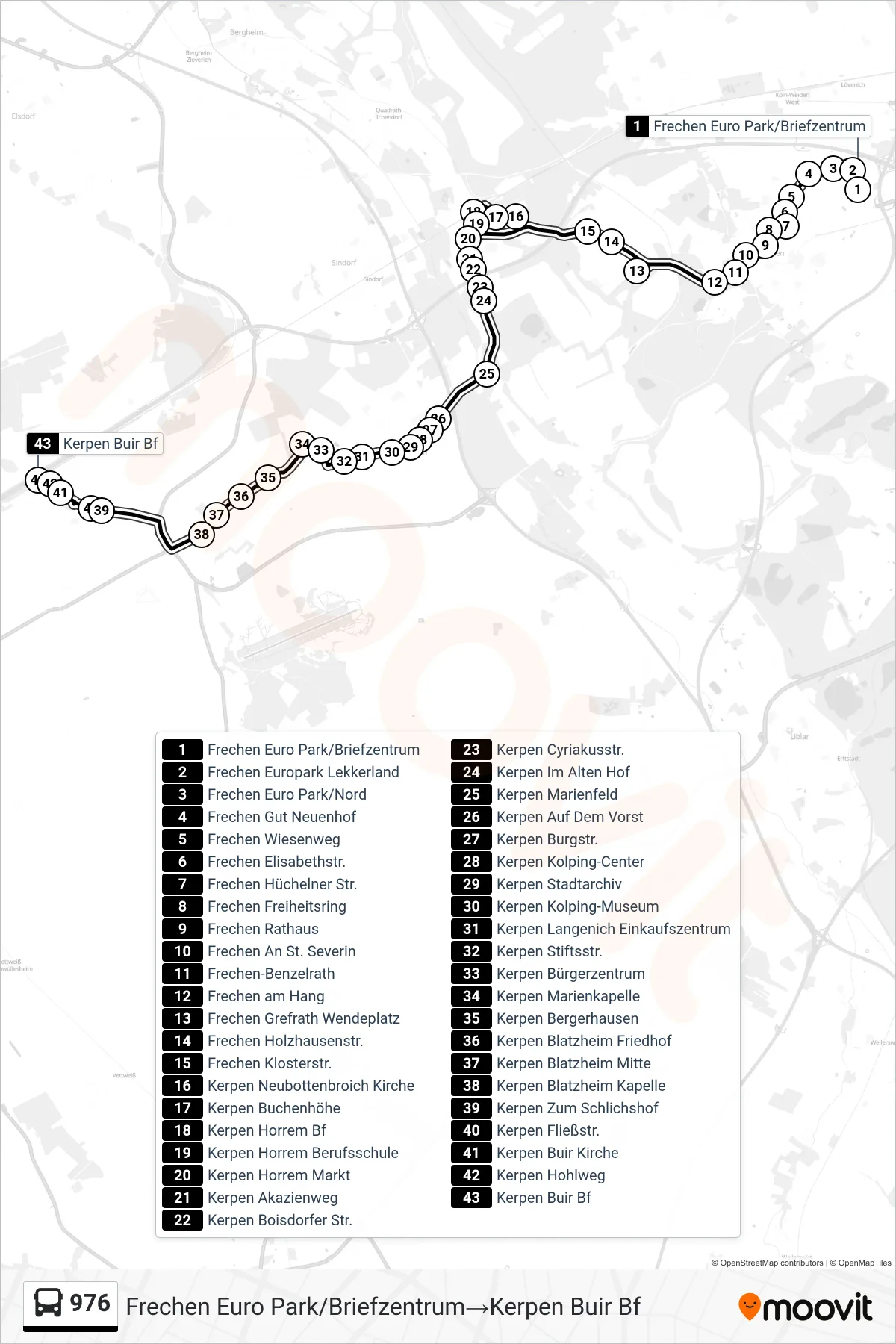 Linie 976 (Bus) Richtung Frechen Euro Park/Briefzentrum→Kerpen Buir Bf: Route und Haltestellen auf der Karte