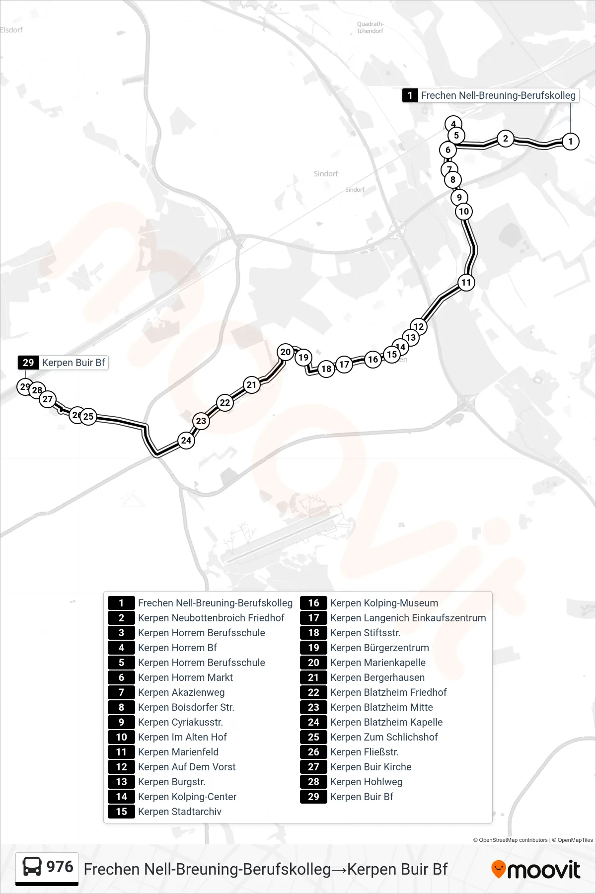 Linie 976 (Bus) Richtung Frechen Nell-Breuning-Berufskolleg→Kerpen Buir Bf: Route und Haltestellen auf der Karte