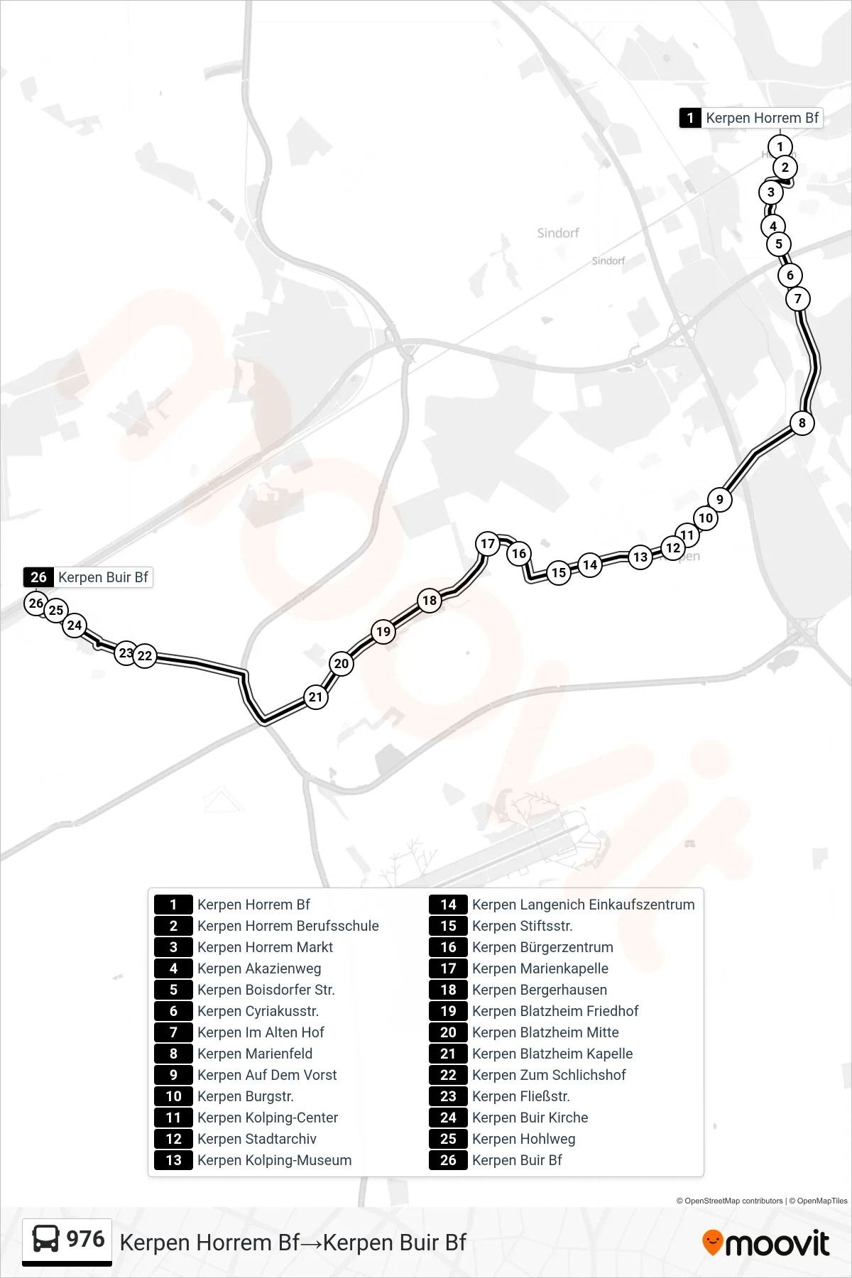 Linie 976 (Bus) Richtung Kerpen Horrem Bf→Kerpen Buir Bf: Route und Haltestellen auf der Karte