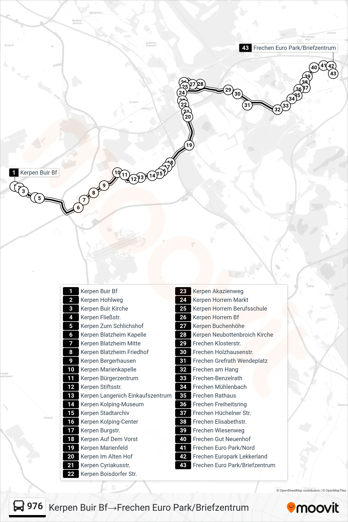Linie 976 (Bus) Richtung Kerpen Buir Bf‎→Frechen Euro Park/Briefzentrum: Route und Haltestellen auf der Karte