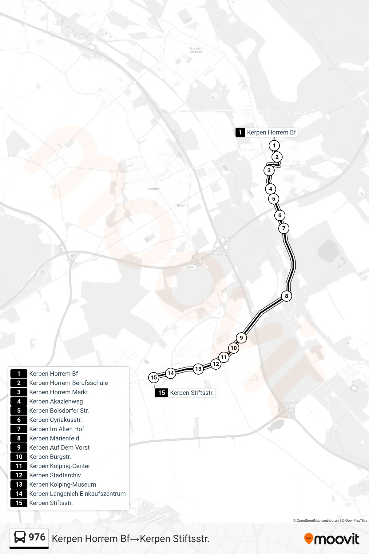 Linie 976 (Bus) Richtung Kerpen Horrem Bf→Kerpen Stiftsstr.: Route und Haltestellen auf der Karte