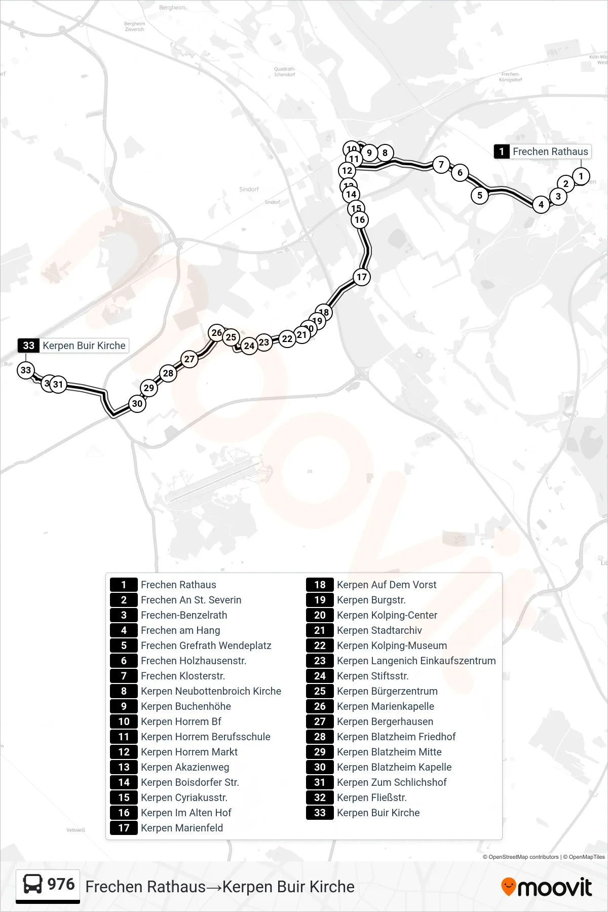 Linie 976 (Bus) Richtung Frechen Rathaus→Kerpen Buir Kirche: Route und Haltestellen auf der Karte