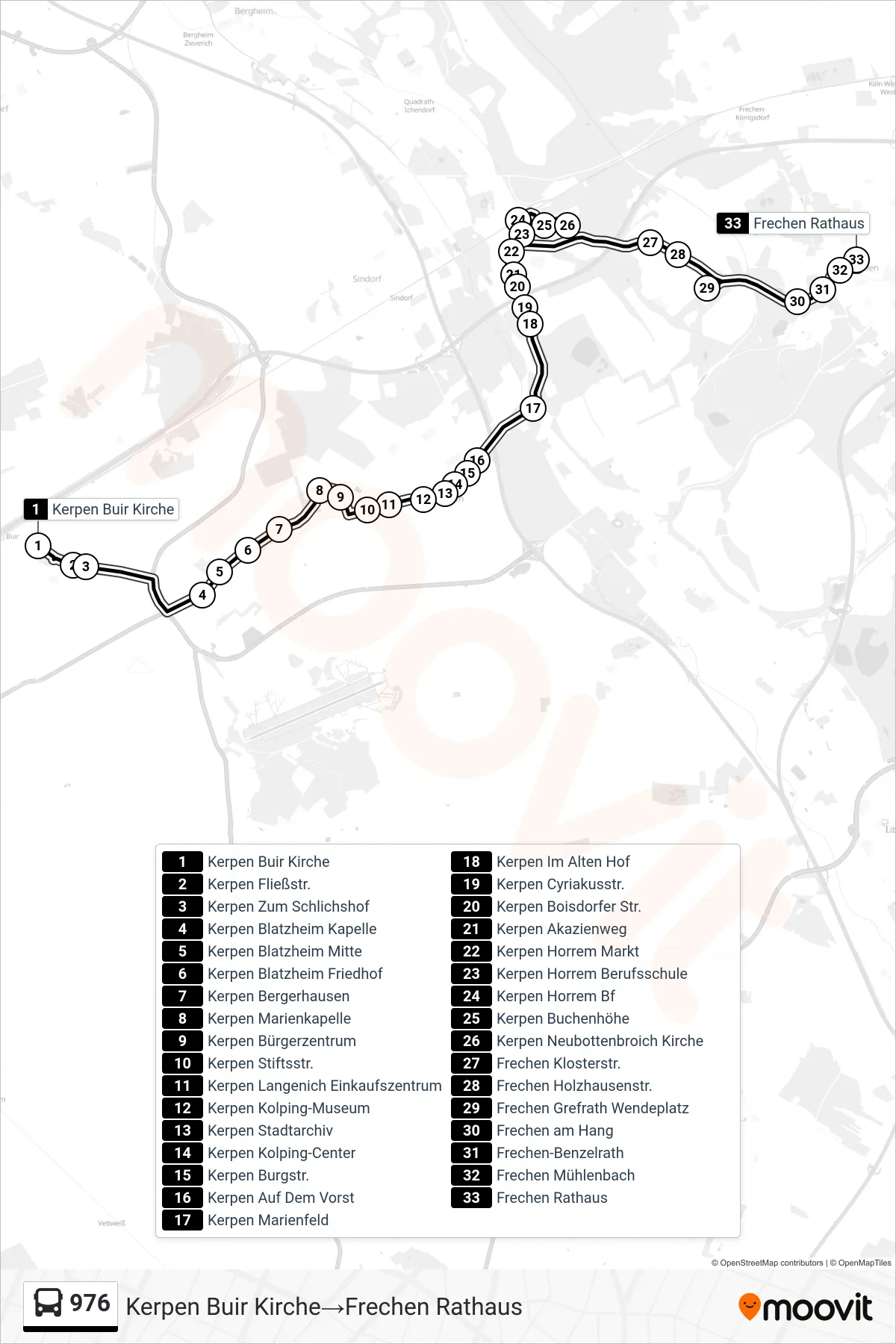 Linie 976 (Bus) Richtung Kerpen Buir Kirche‎→Frechen Rathaus: Route und Haltestellen auf der Karte