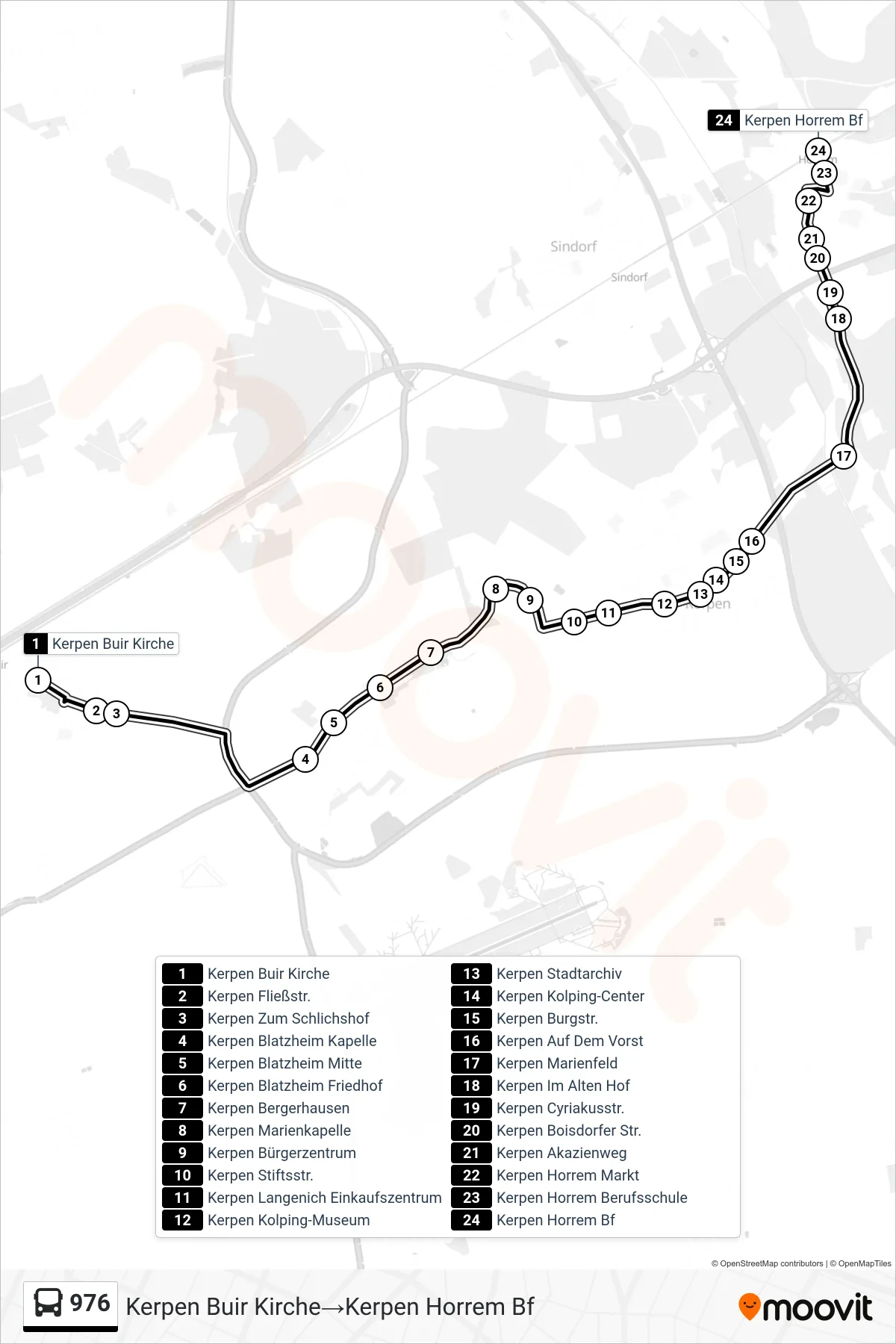 Linie 976 (Bus) Richtung Kerpen Buir Kirche‎→Kerpen Horrem Bf: Route und Haltestellen auf der Karte