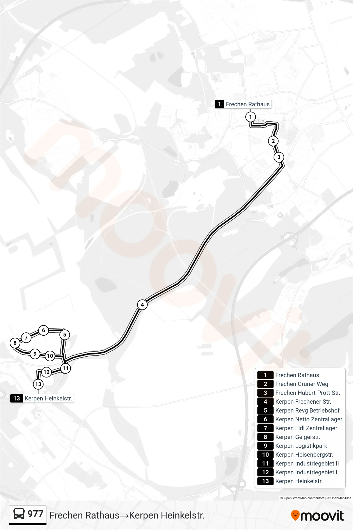 Linie 977 (Bus) Richtung Frechen Rathaus→Kerpen Heinkelstr.: Route und Haltestellen auf der Karte