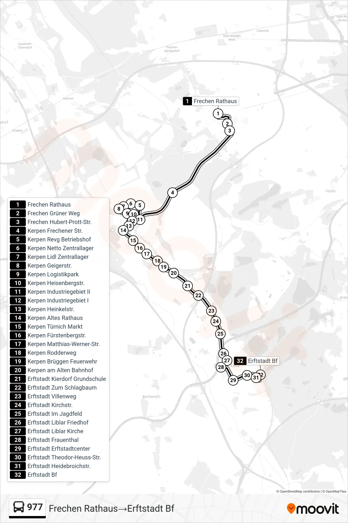977 bus Line (Frechen Rathaus‎→Erftstadt Bf) route and stops on a map