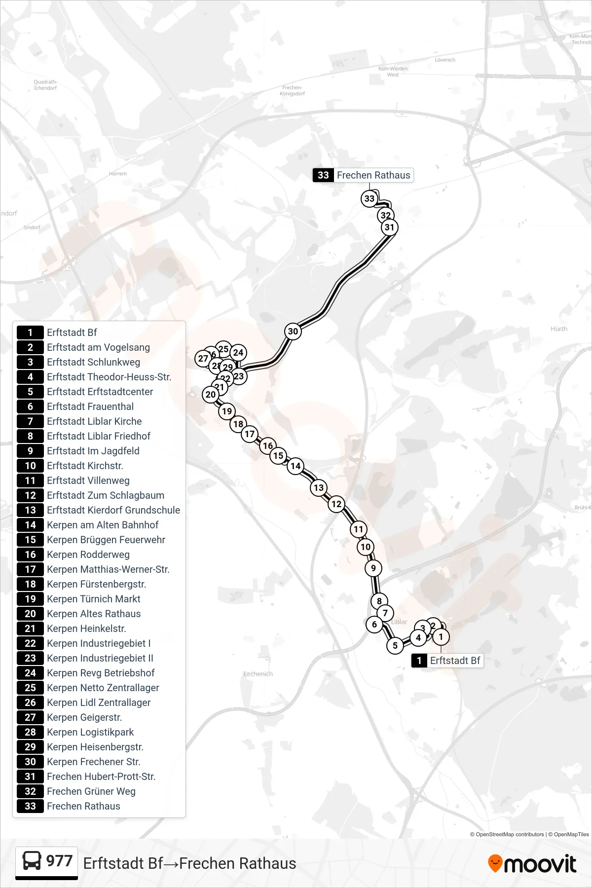 Linie 977 (Bus) Richtung Erftstadt Bf‎→Frechen Rathaus: Route und Haltestellen auf der Karte