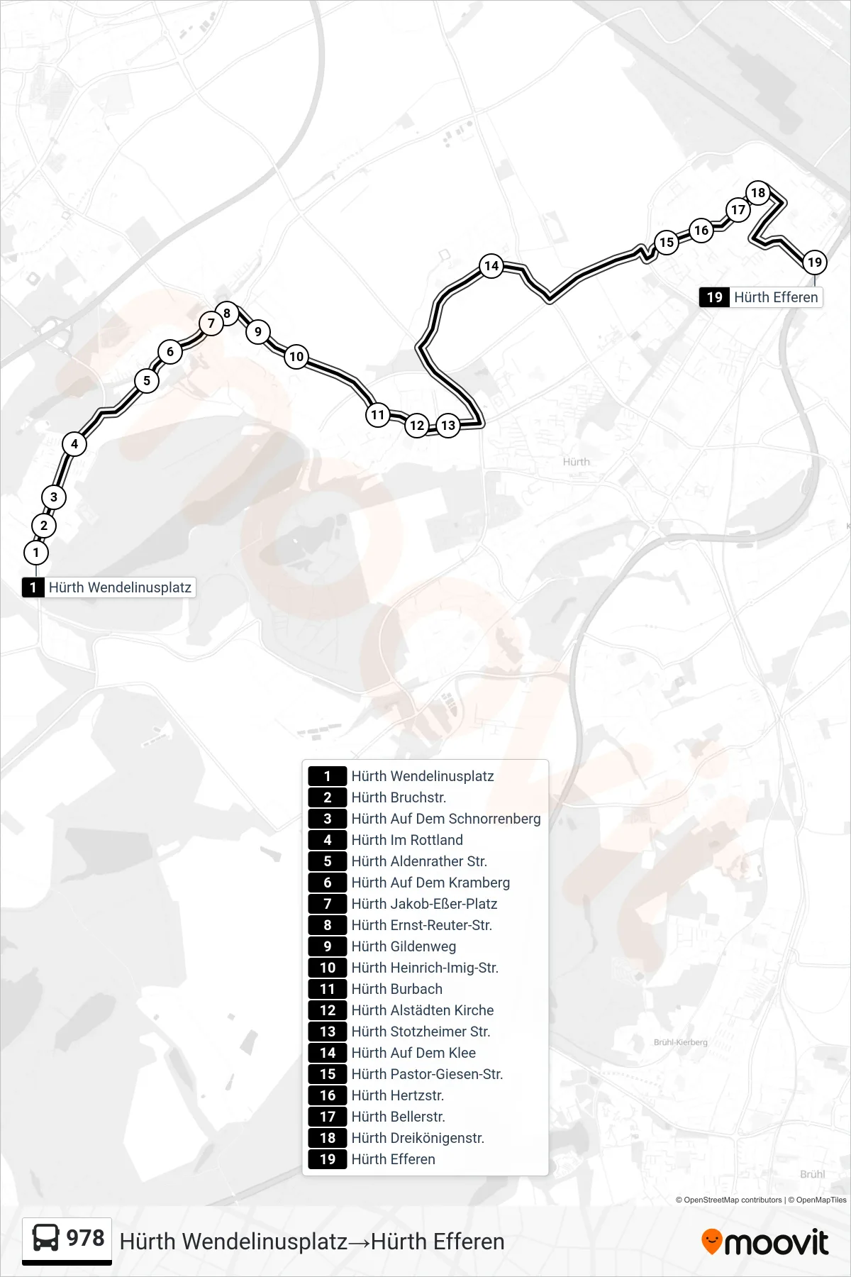 Linie 978 (Bus) Richtung Hürth Wendelinusplatz→Hürth Efferen: Route und Haltestellen auf der Karte