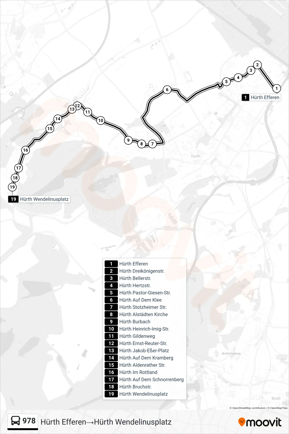 978 bus Line (Hürth Efferen→Hürth Wendelinusplatz) route and stops on a map