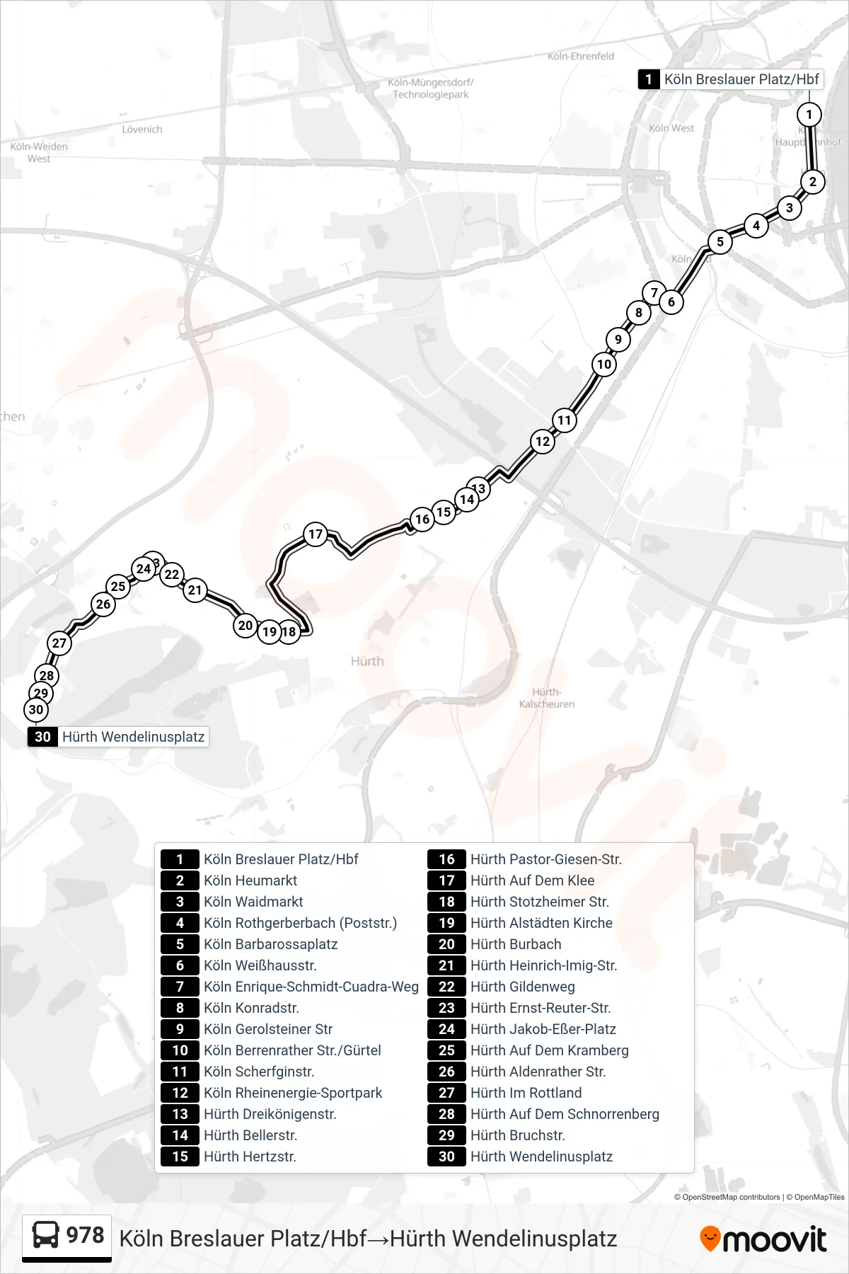 Linie 978 (Bus) Richtung Köln Breslauer Platz/Hbf→Hürth Wendelinusplatz: Route und Haltestellen auf der Karte