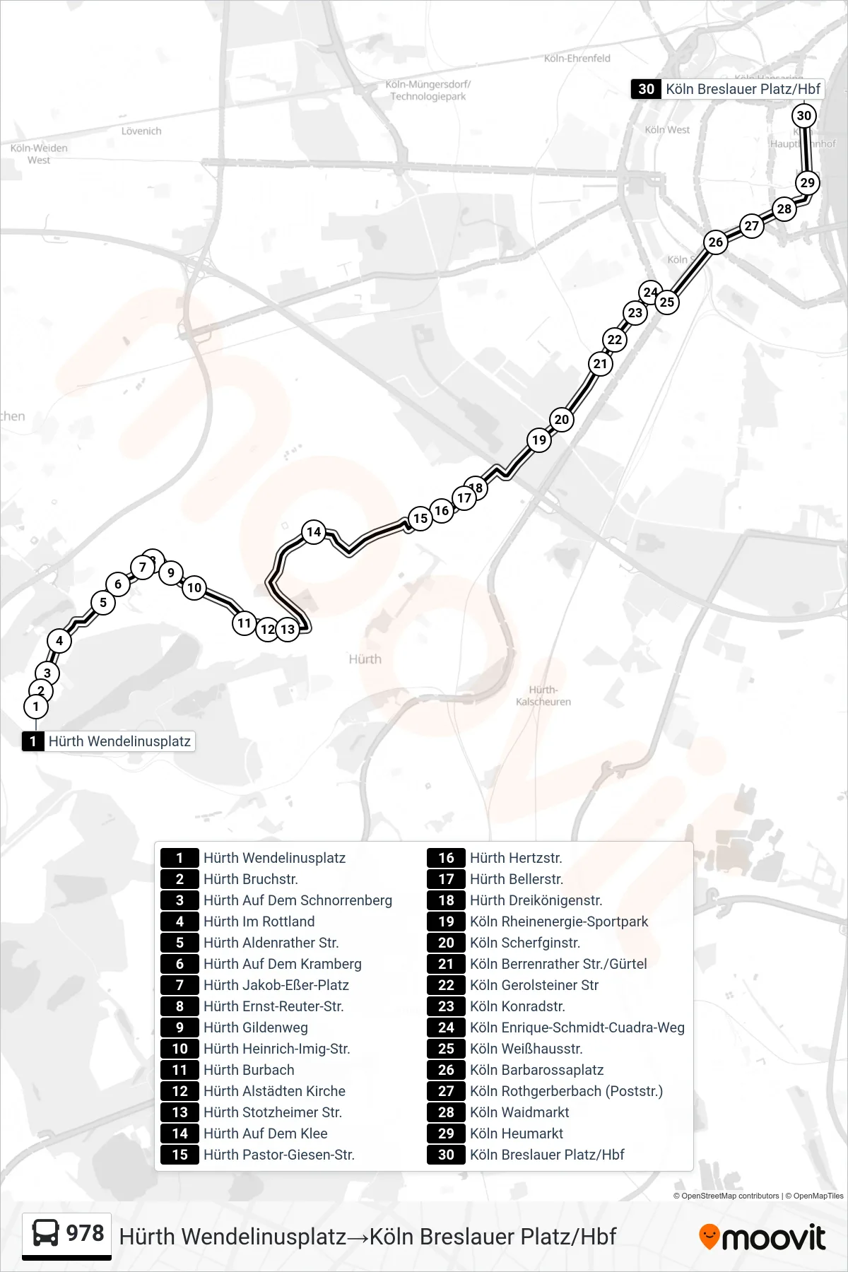 978 bus Line (Hürth Wendelinusplatz→Köln Breslauer Platz/Hbf) route and stops on a map