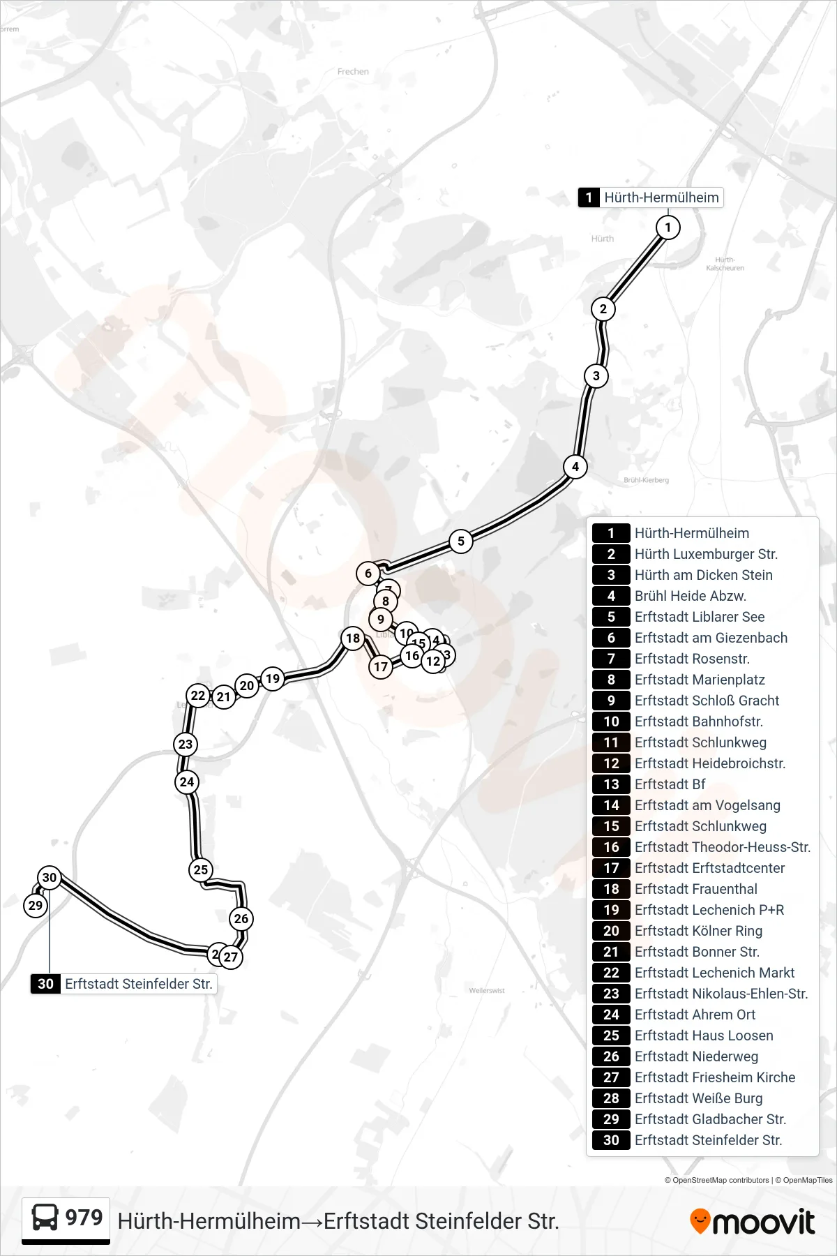 Linie 979 (Bus) Richtung Hürth-Hermülheim→Erftstadt Steinfelder Str.: Route und Haltestellen auf der Karte