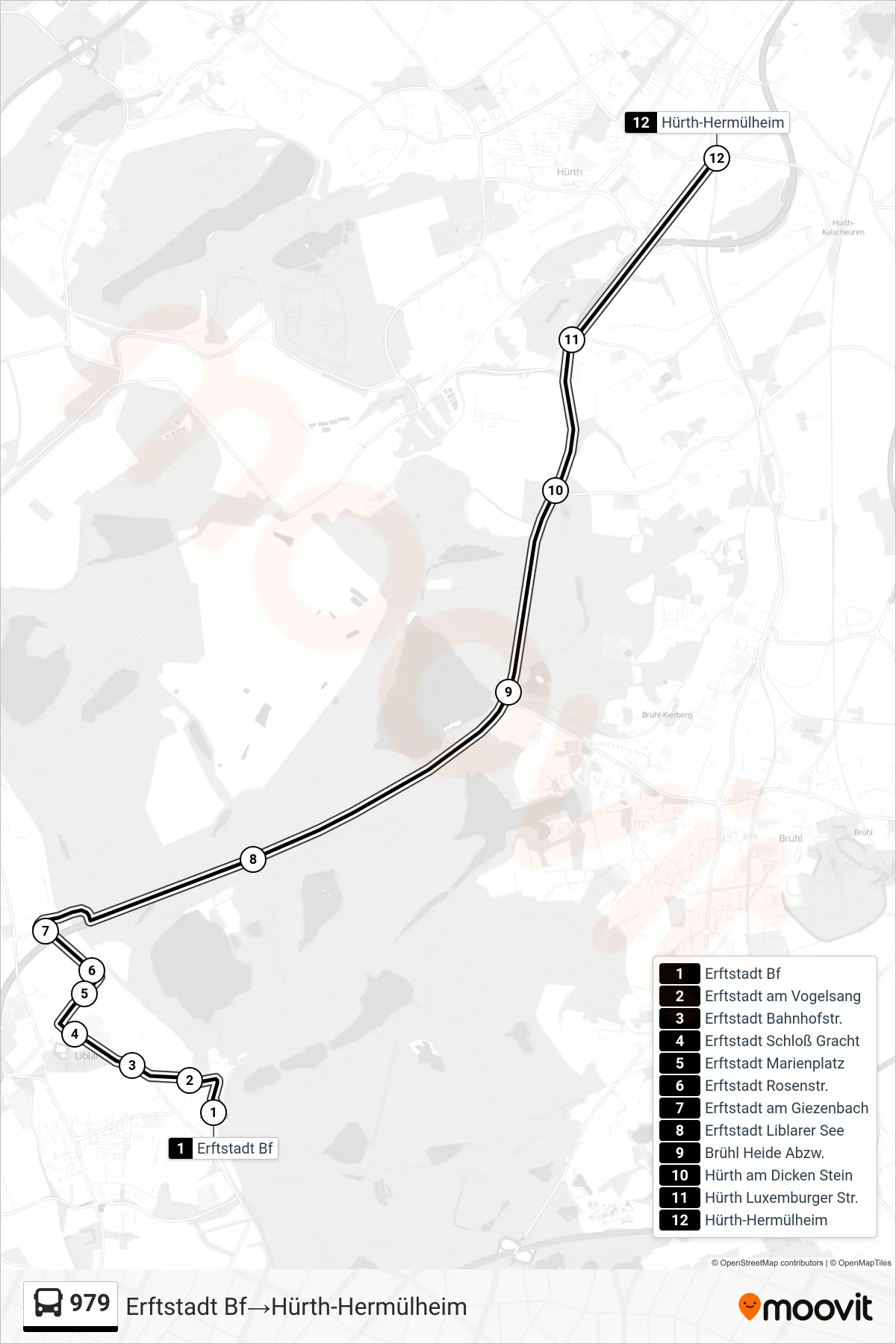 Linie 979 (Bus) Richtung Erftstadt Bf→Hürth-Hermülheim: Route und Haltestellen auf der Karte