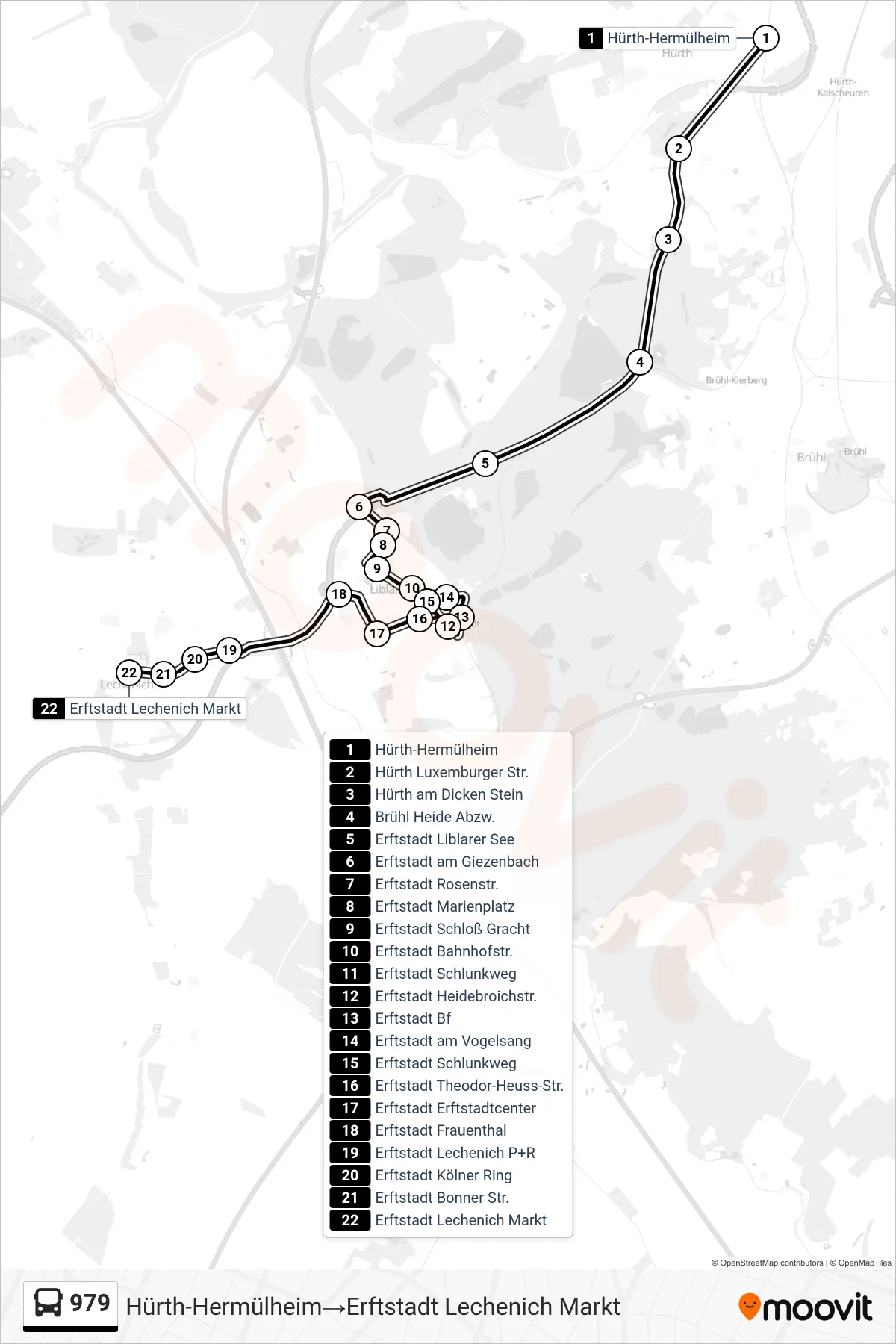 Linie 979 (Bus) Richtung Hürth-Hermülheim→Erftstadt Lechenich Markt: Route und Haltestellen auf der Karte