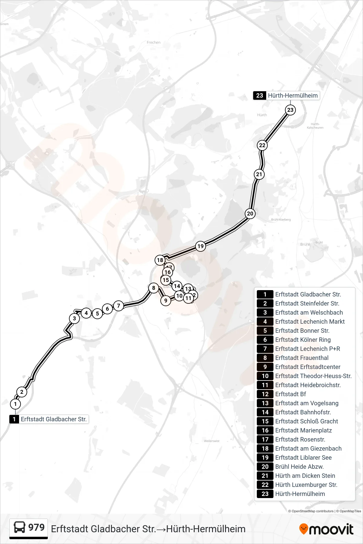 Linie 979 (Bus) Richtung Erftstadt Gladbacher Str.→Hürth-Hermülheim: Route und Haltestellen auf der Karte