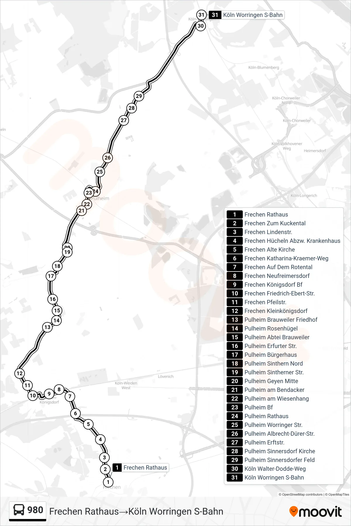 Linie 980 (Bus) Richtung Frechen Rathaus→Köln Worringen S-Bahn: Route und Haltestellen auf der Karte