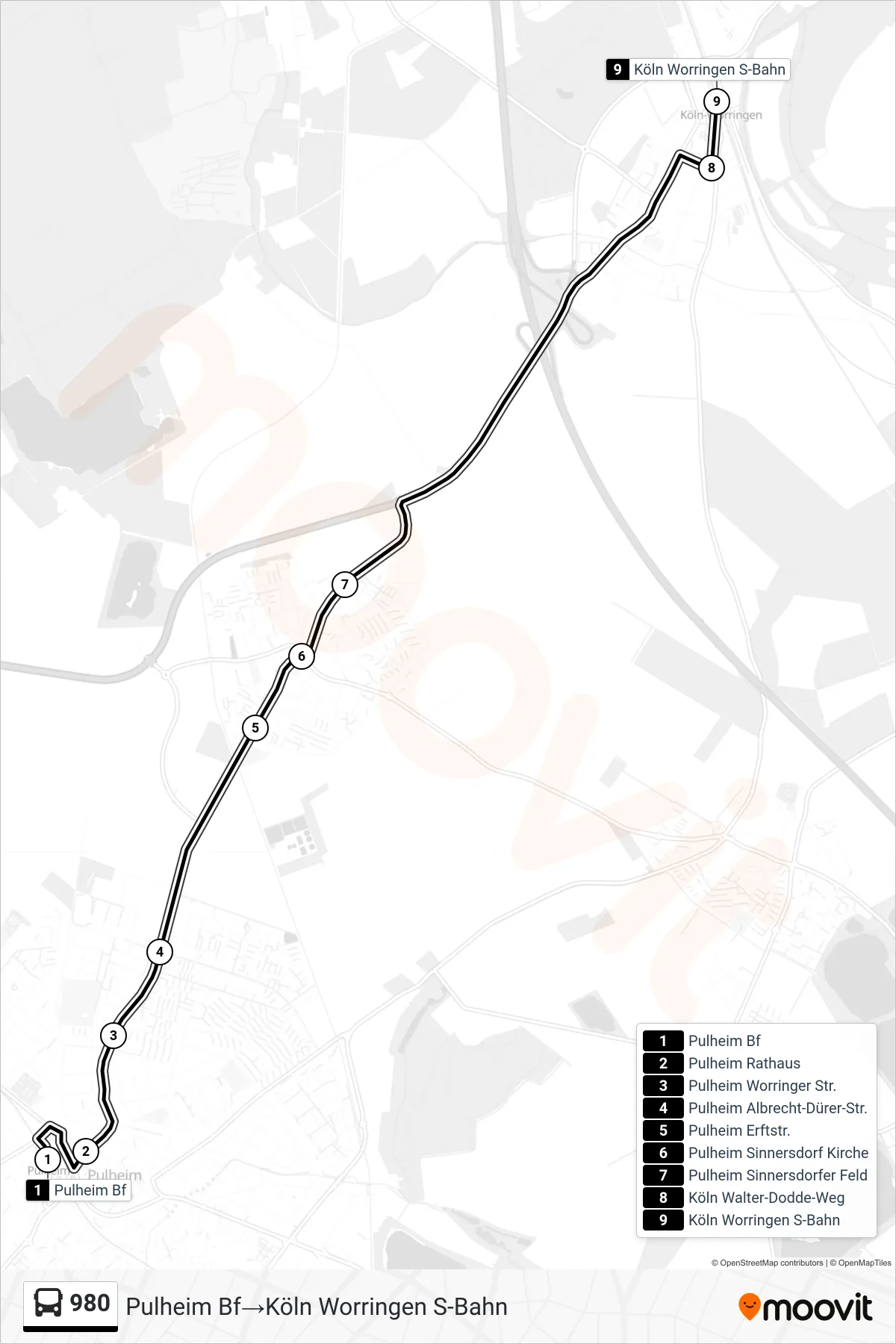 Linie 980 (Bus) Richtung Pulheim Bf→Köln Worringen S-Bahn: Route und Haltestellen auf der Karte
