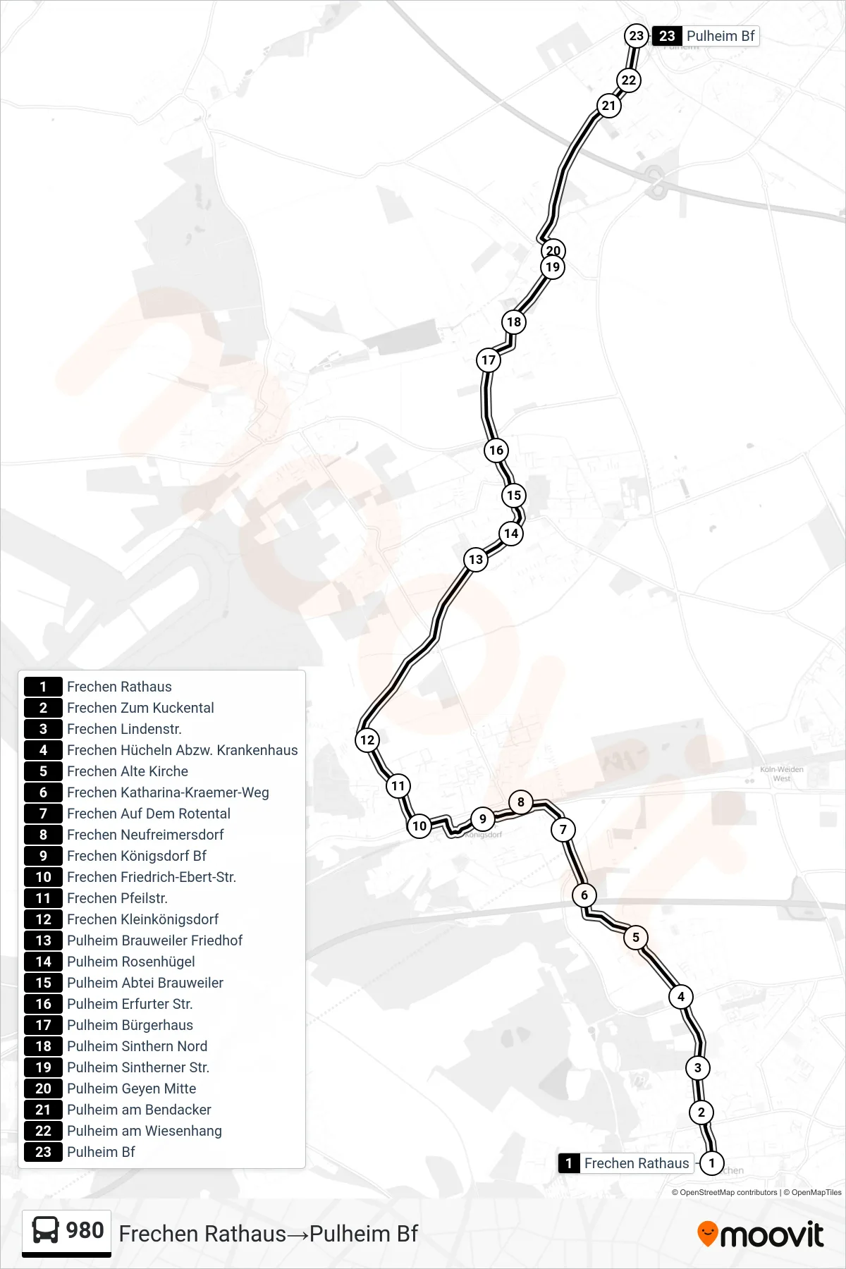 Linie 980 (Bus) Richtung Frechen Rathaus→Pulheim Bf: Route und Haltestellen auf der Karte