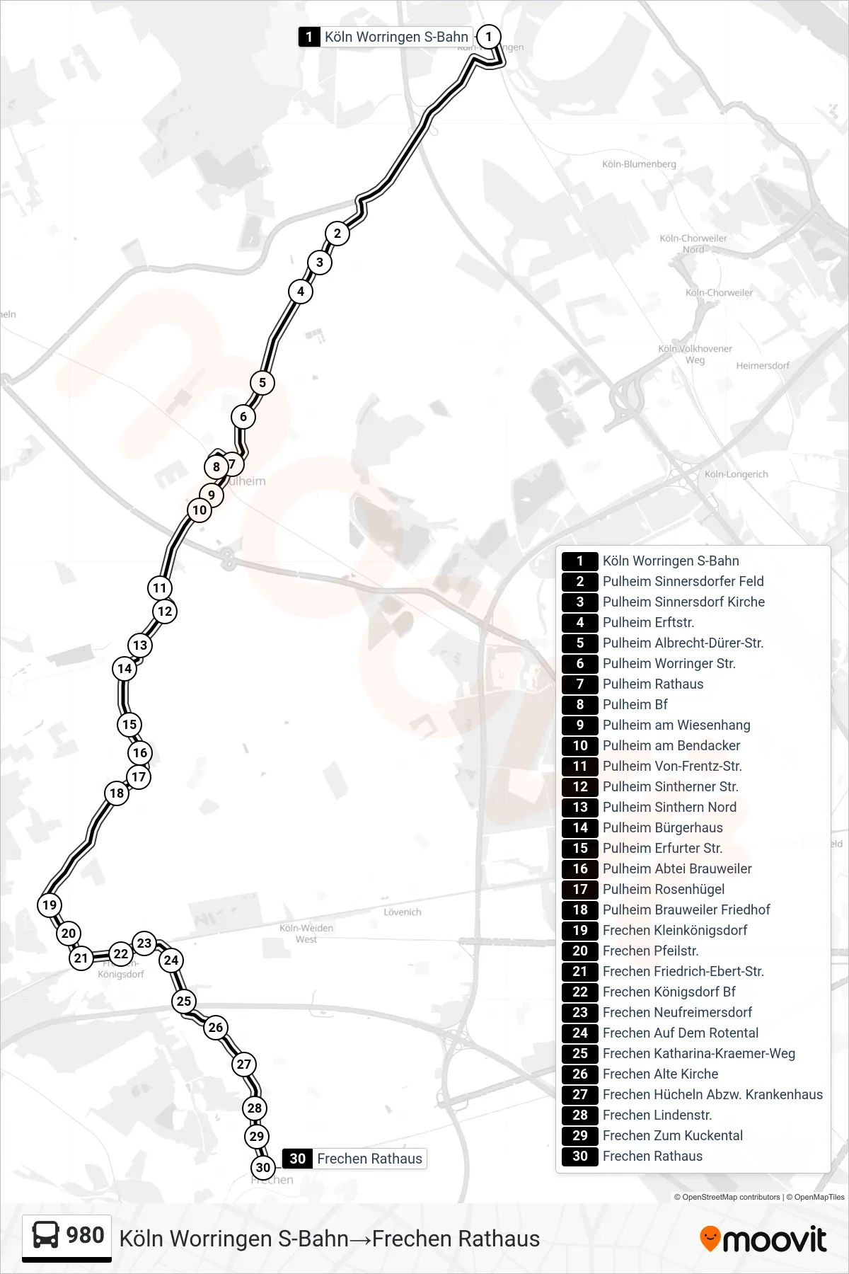 Linie 980 (Bus) Richtung Köln Worringen S-Bahn→Frechen Rathaus: Route und Haltestellen auf der Karte