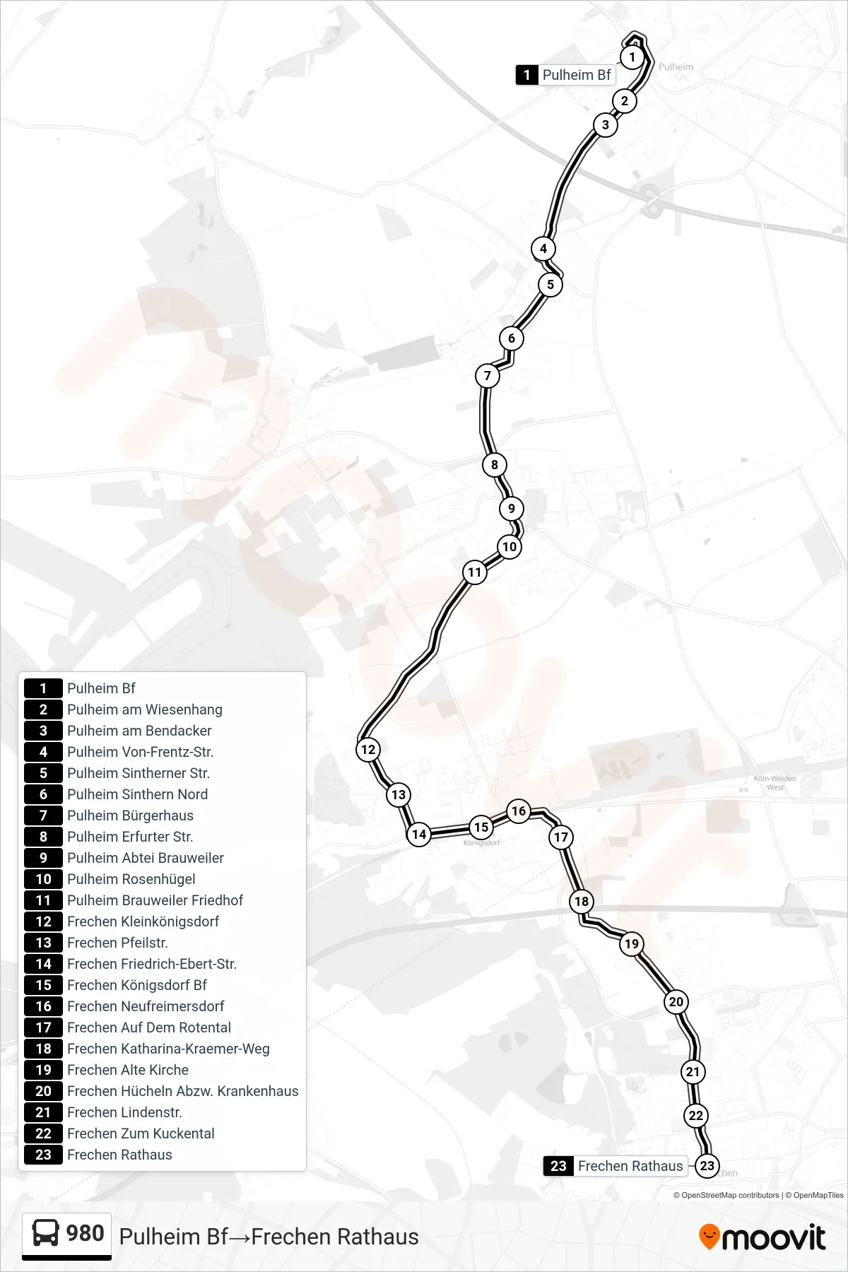 Linie 980 (Bus) Richtung Pulheim Bf‎→Frechen Rathaus: Route und Haltestellen auf der Karte