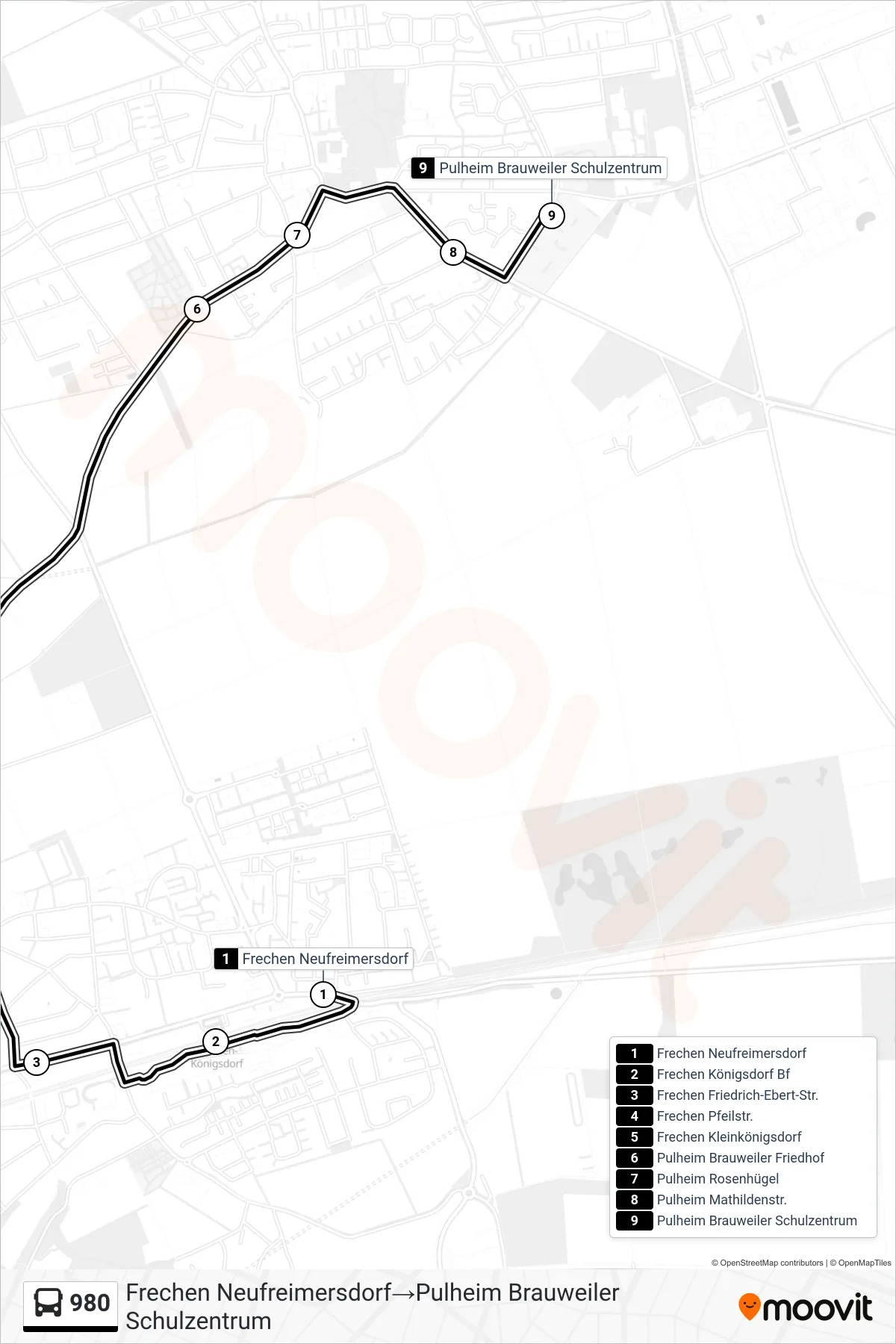 Linie 980 (Bus) Richtung Frechen Neufreimersdorf‎→Pulheim Brauweiler Schulzentrum: Route und Haltestellen auf der Karte