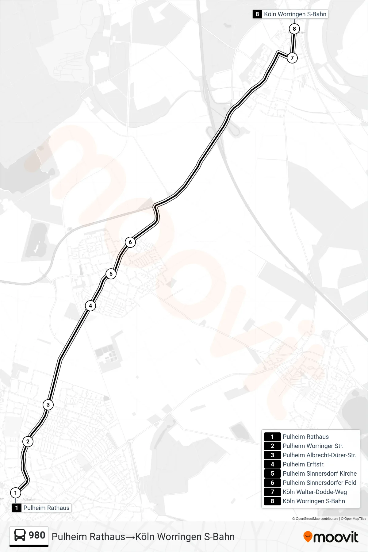 Linie 980 (Bus) Richtung Pulheim Rathaus‎→Köln Worringen S-Bahn: Route und Haltestellen auf der Karte