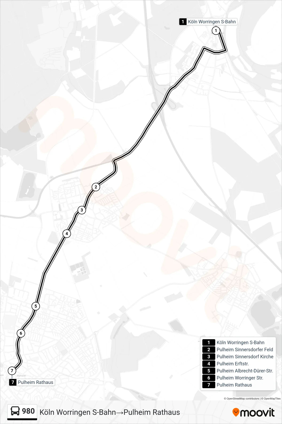 Linie 980 (Bus) Richtung Köln Worringen S-Bahn‎→Pulheim Rathaus: Route und Haltestellen auf der Karte
