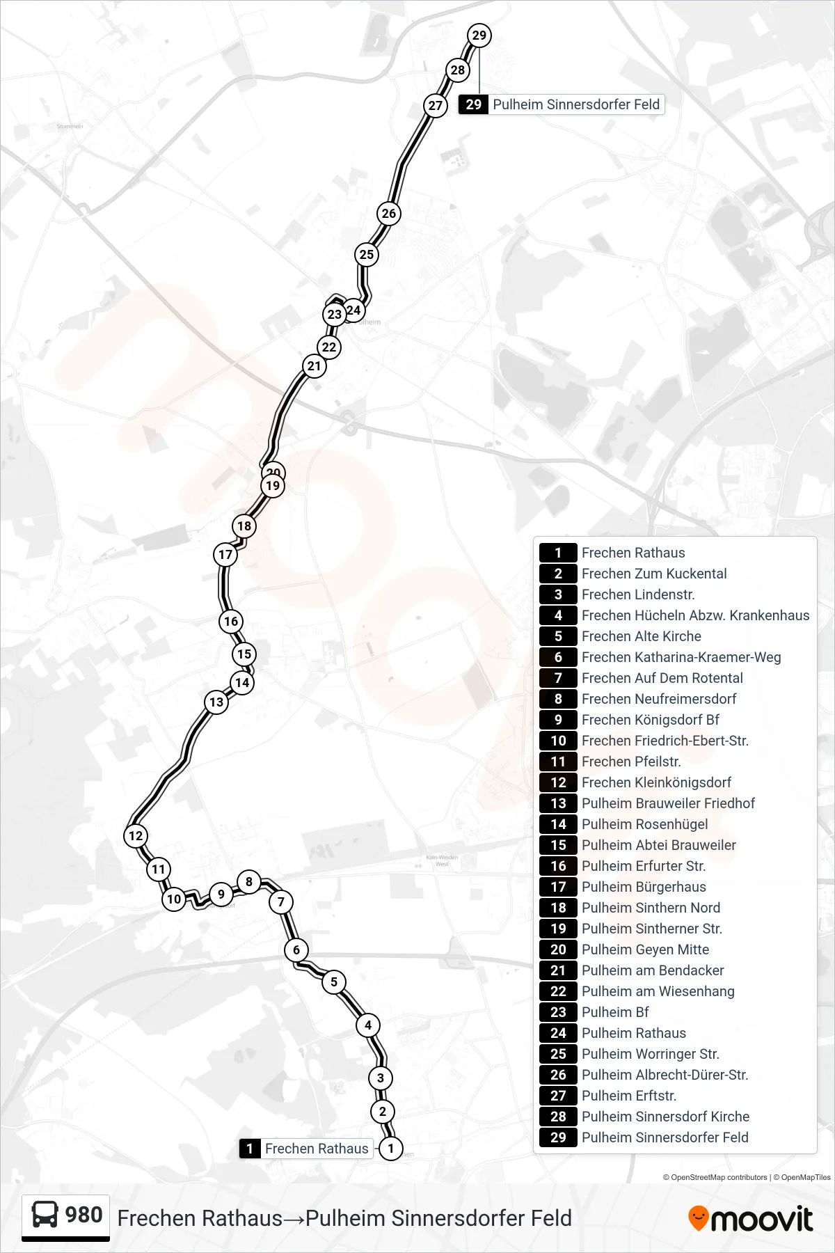 Linie 980 (Bus) Richtung Frechen Rathaus→Pulheim Sinnersdorfer Feld: Route und Haltestellen auf der Karte