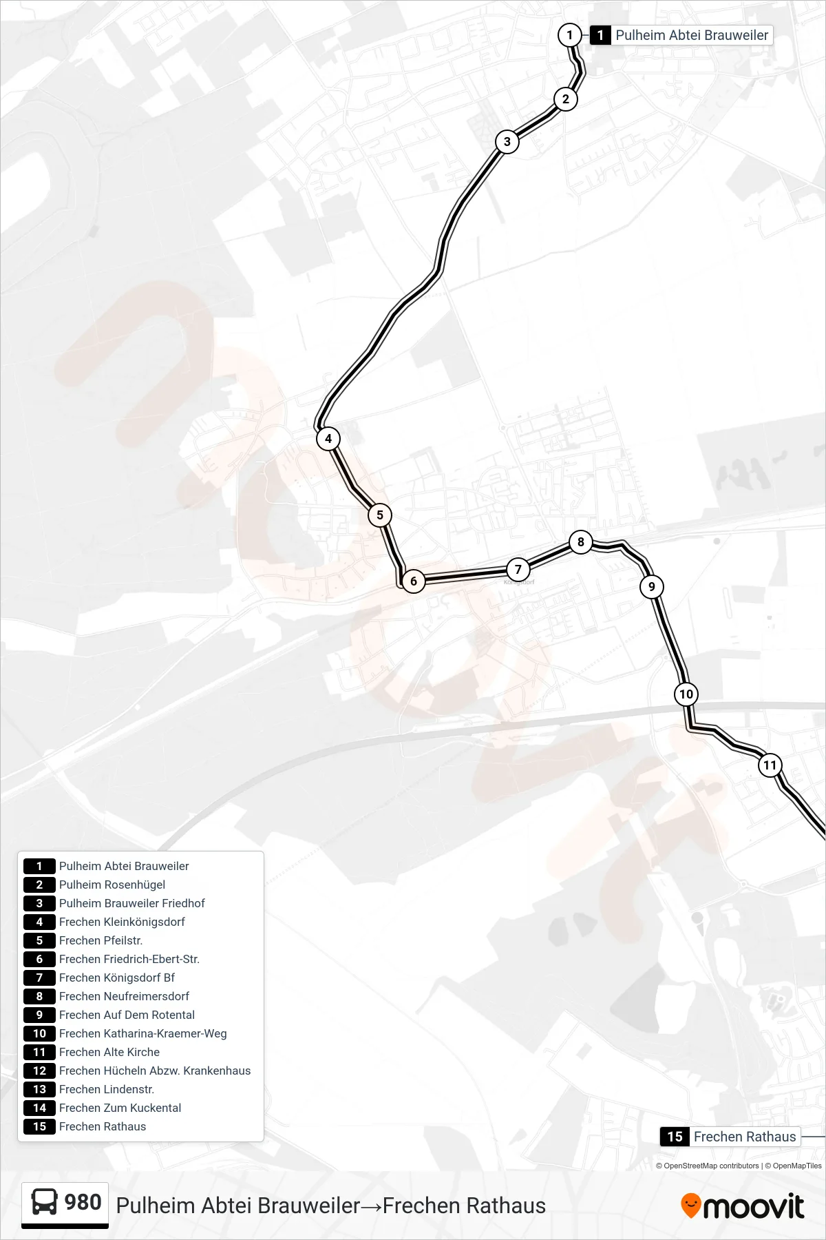Linie 980 (Bus) Richtung Pulheim Abtei Brauweiler→Frechen Rathaus: Route und Haltestellen auf der Karte