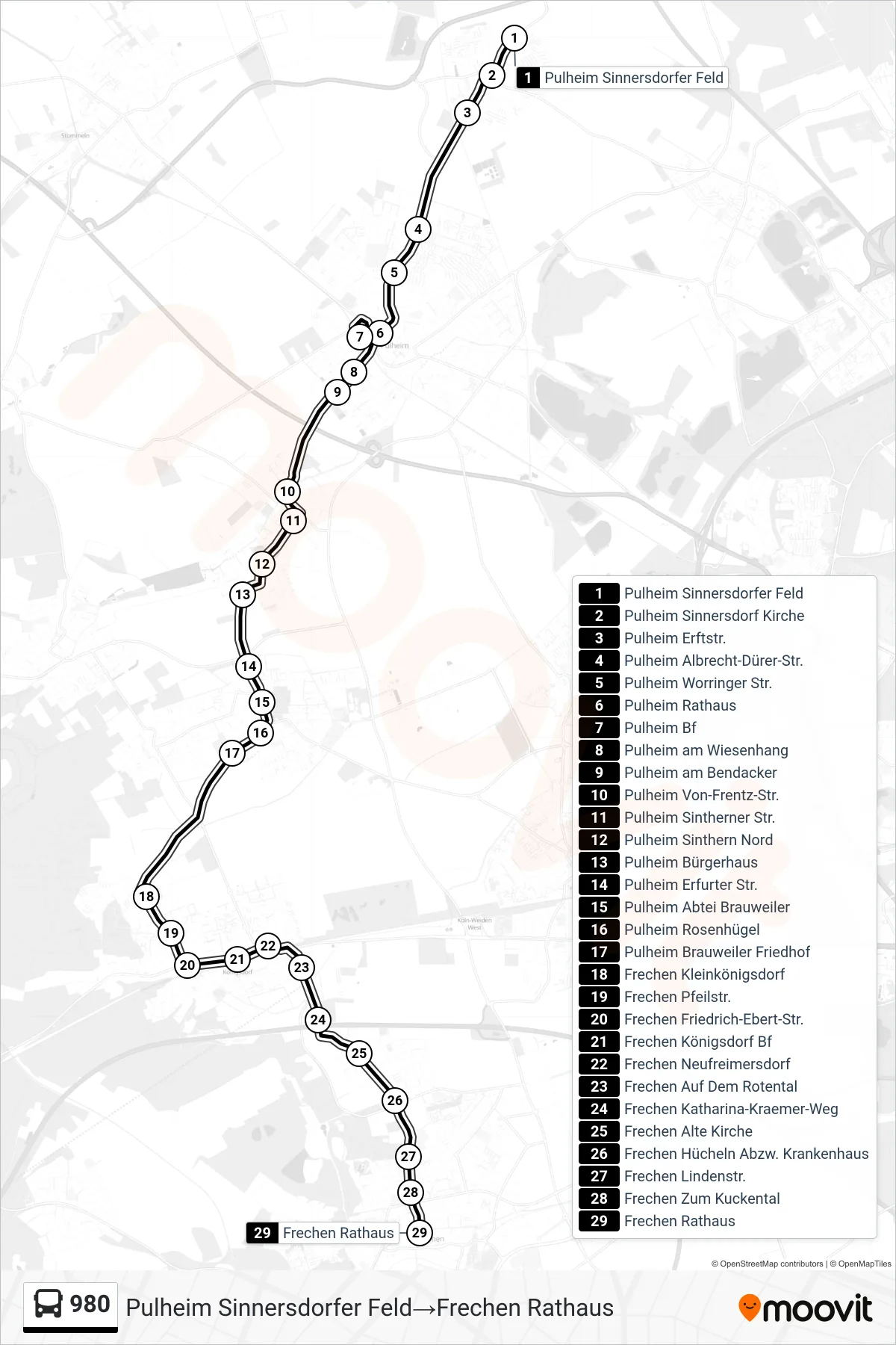 Linie 980 (Bus) Richtung Pulheim Sinnersdorfer Feld‎→Frechen Rathaus: Route und Haltestellen auf der Karte