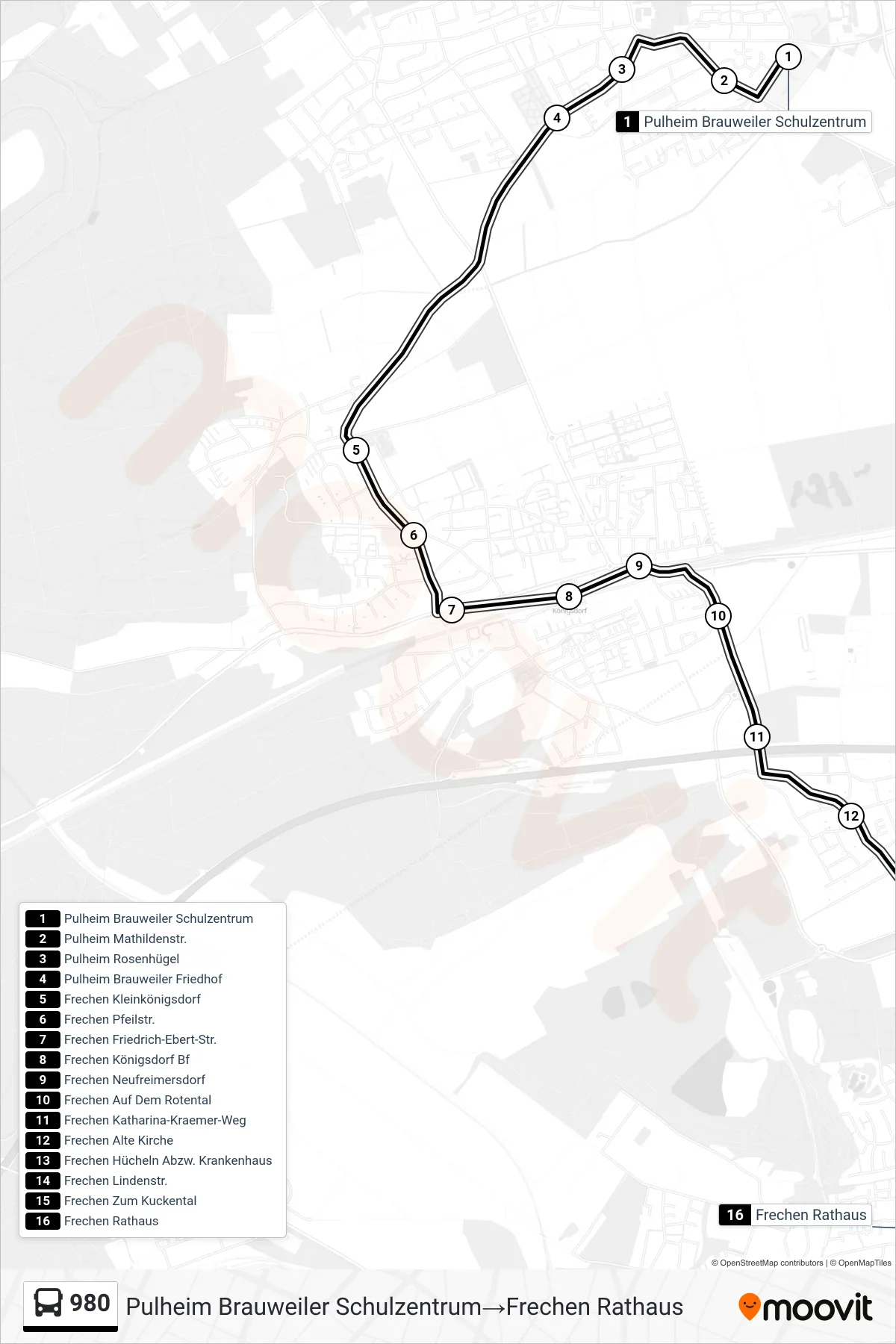 Linie 980 (Bus) Richtung Pulheim Brauweiler Schulzentrum→Frechen Rathaus: Route und Haltestellen auf der Karte
