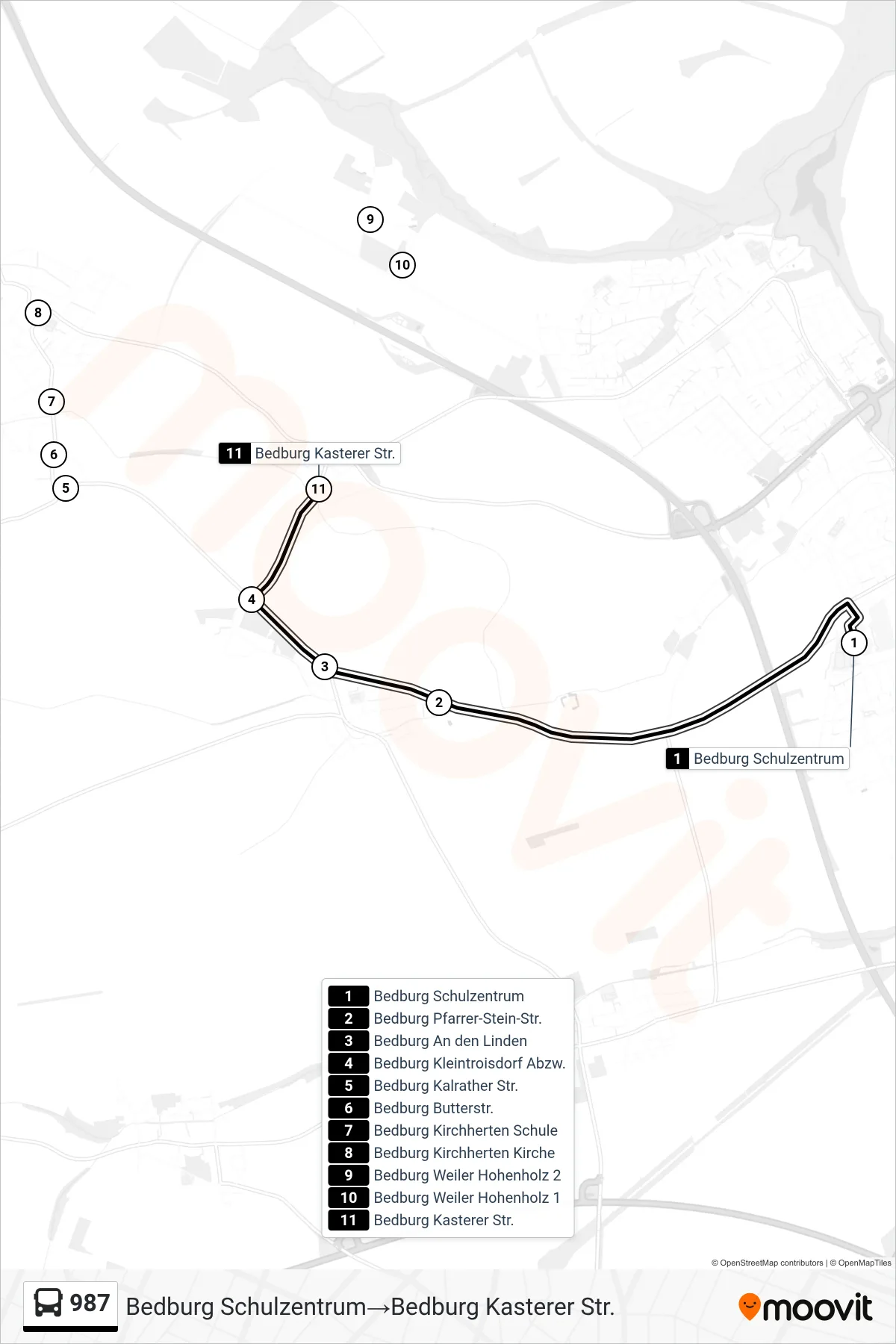 987 bus Line (Bedburg Schulzentrum→Bedburg Kasterer Str.) route and stops on a map