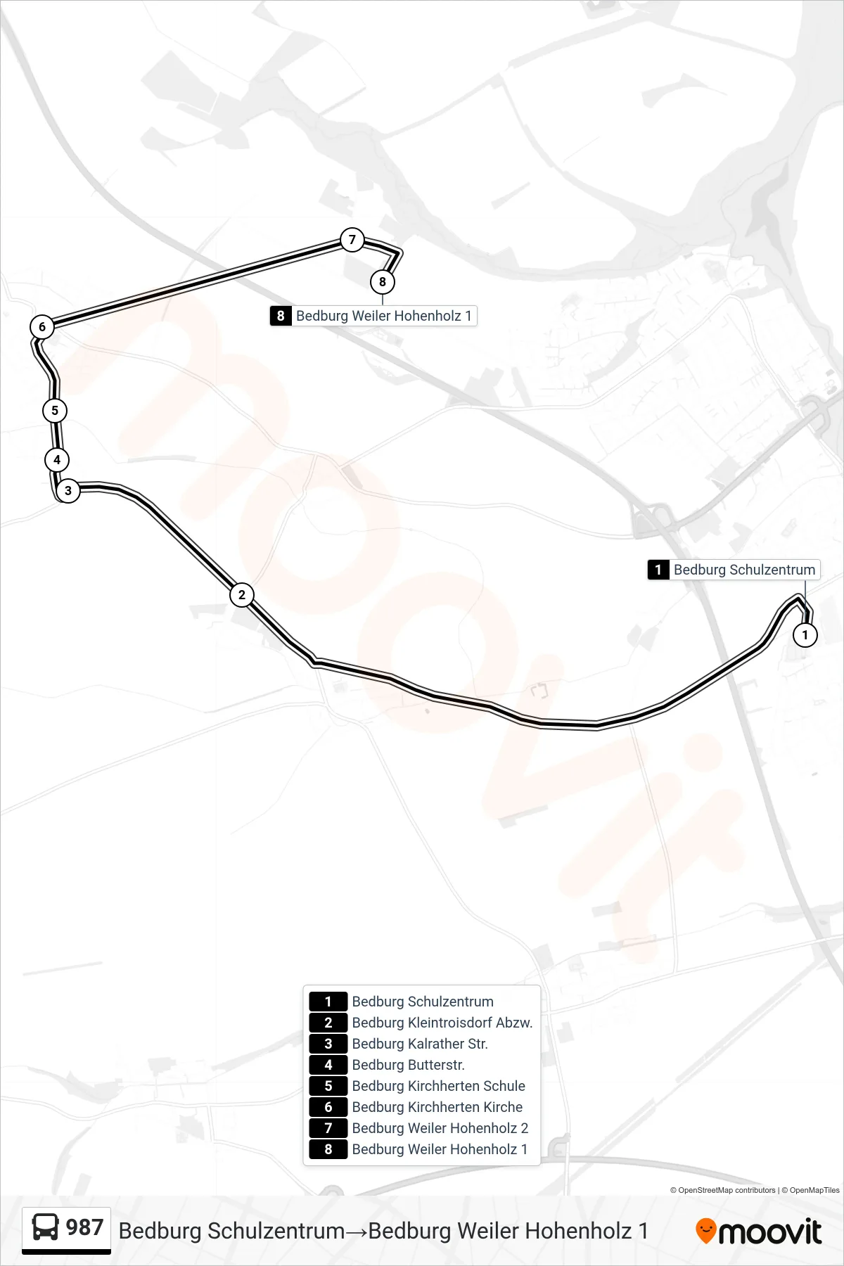 Linie 987 (Bus) Richtung Bedburg Schulzentrum‎→Bedburg Weiler Hohenholz 1: Route und Haltestellen auf der Karte