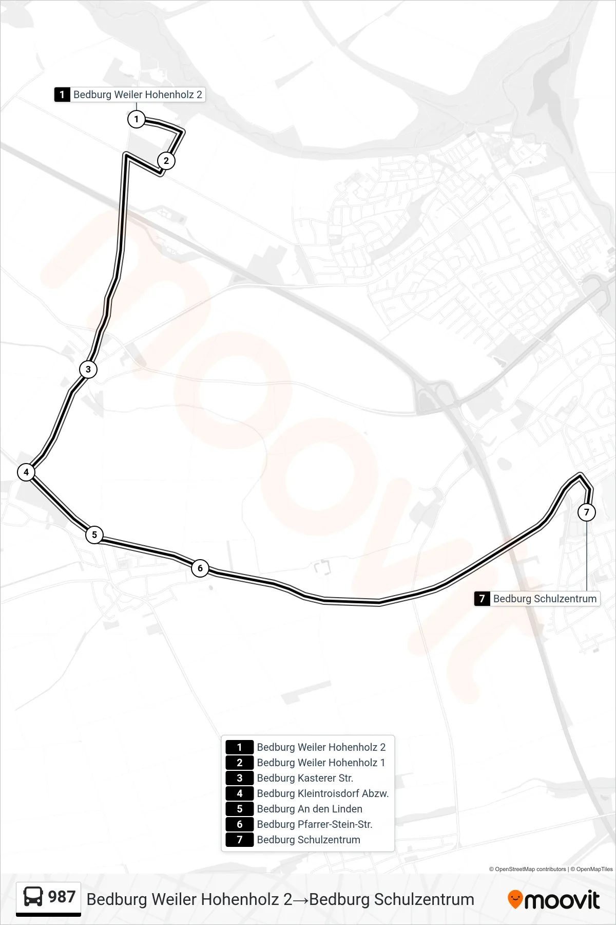 Linie 987 (Bus) Richtung Bedburg Weiler Hohenholz 2→Bedburg Schulzentrum: Route und Haltestellen auf der Karte