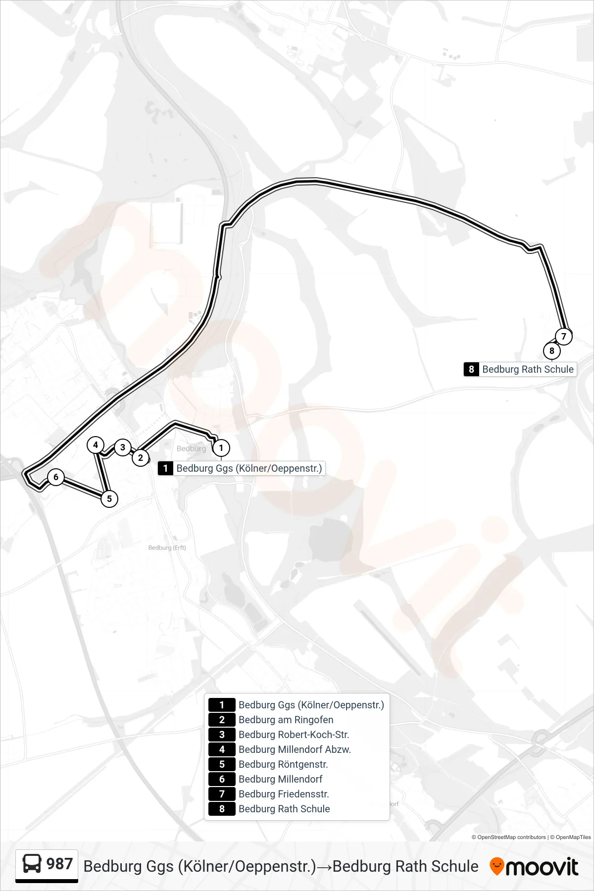 Linie 987 (Bus) Richtung Bedburg Ggs (Kölner/Oeppenstr.)→Bedburg Rath Schule: Route und Haltestellen auf der Karte