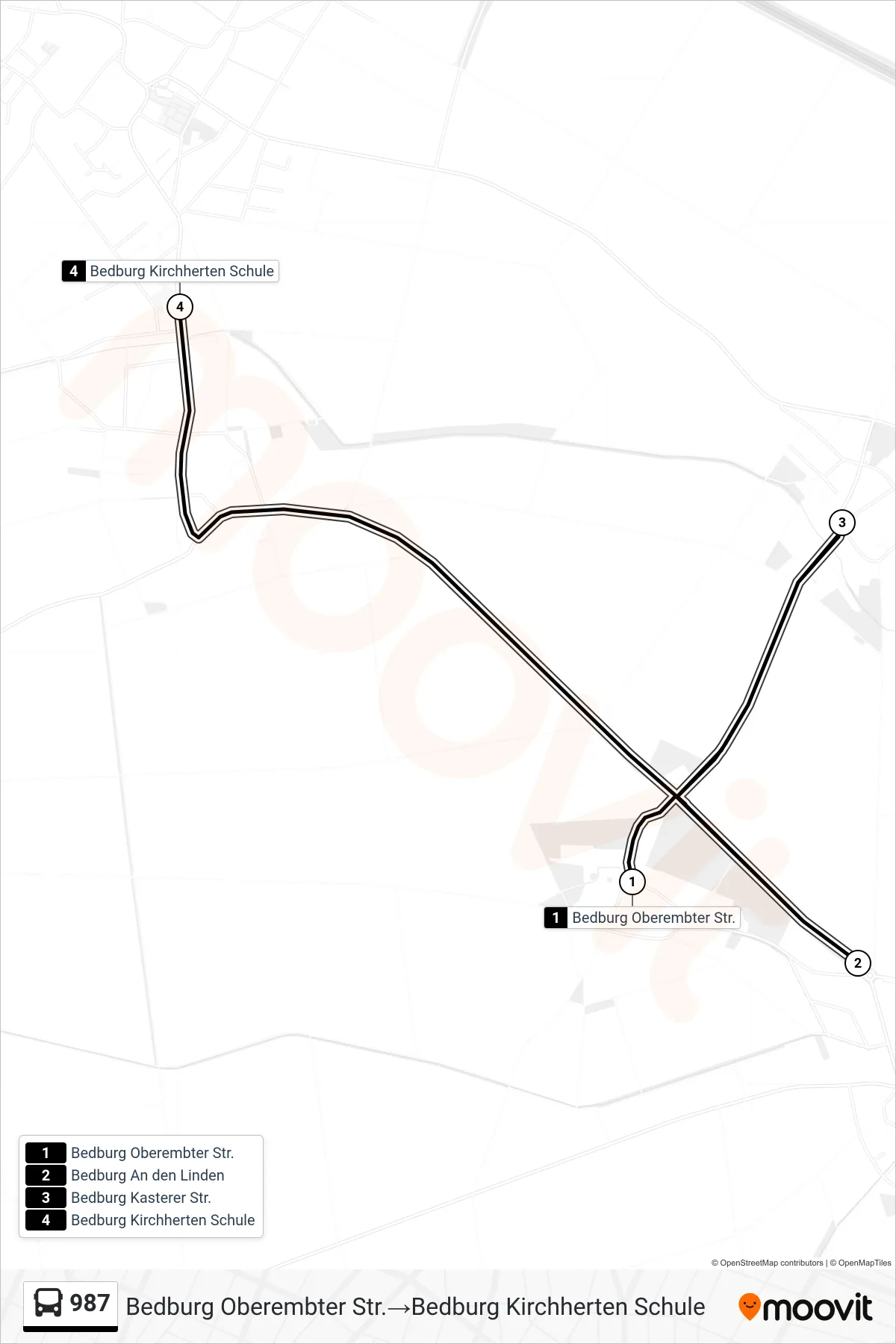 Linie 987 (Bus) Richtung Bedburg Oberembter Str.→Bedburg Kirchherten Schule: Route und Haltestellen auf der Karte