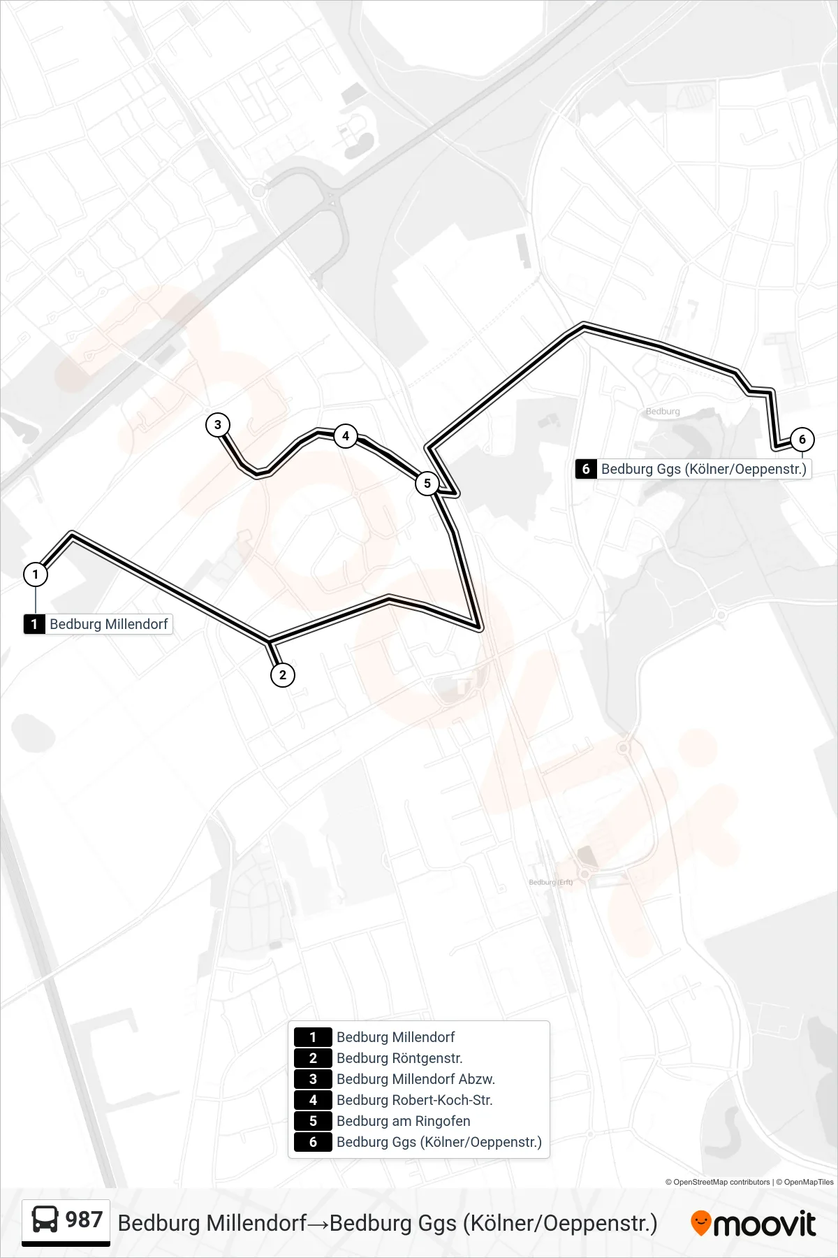 Linie 987 (Bus) Richtung Bedburg Millendorf→Bedburg Ggs (Kölner/Oeppenstr.): Route und Haltestellen auf der Karte