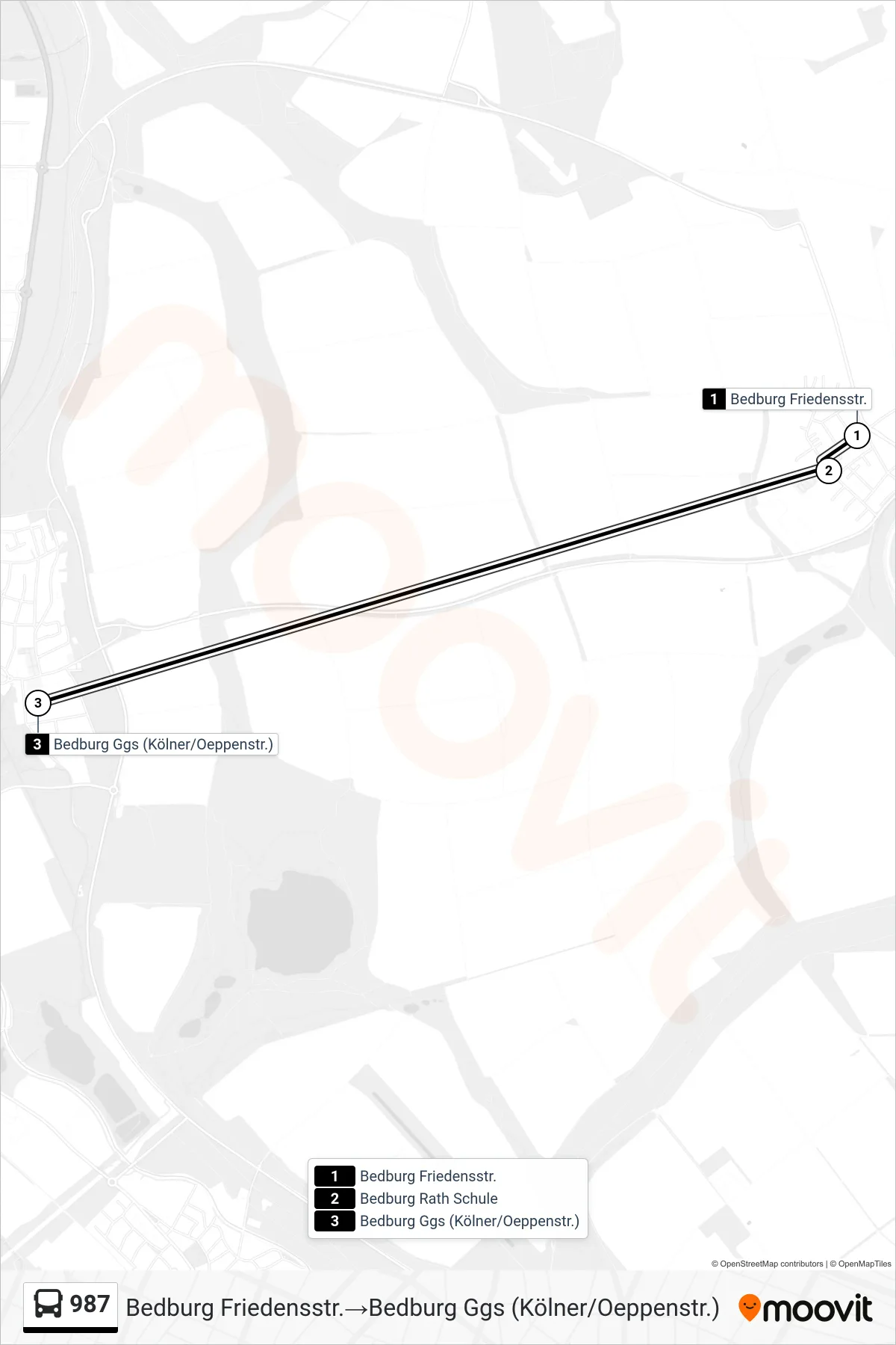 Linie 987 (Bus) Richtung Bedburg Friedensstr.→Bedburg Ggs (Kölner/Oeppenstr.): Route und Haltestellen auf der Karte