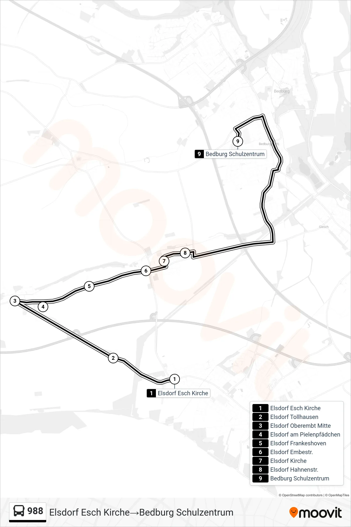 Linie 988 (Bus) Richtung Elsdorf Esch Kirche→Bedburg Schulzentrum: Route und Haltestellen auf der Karte