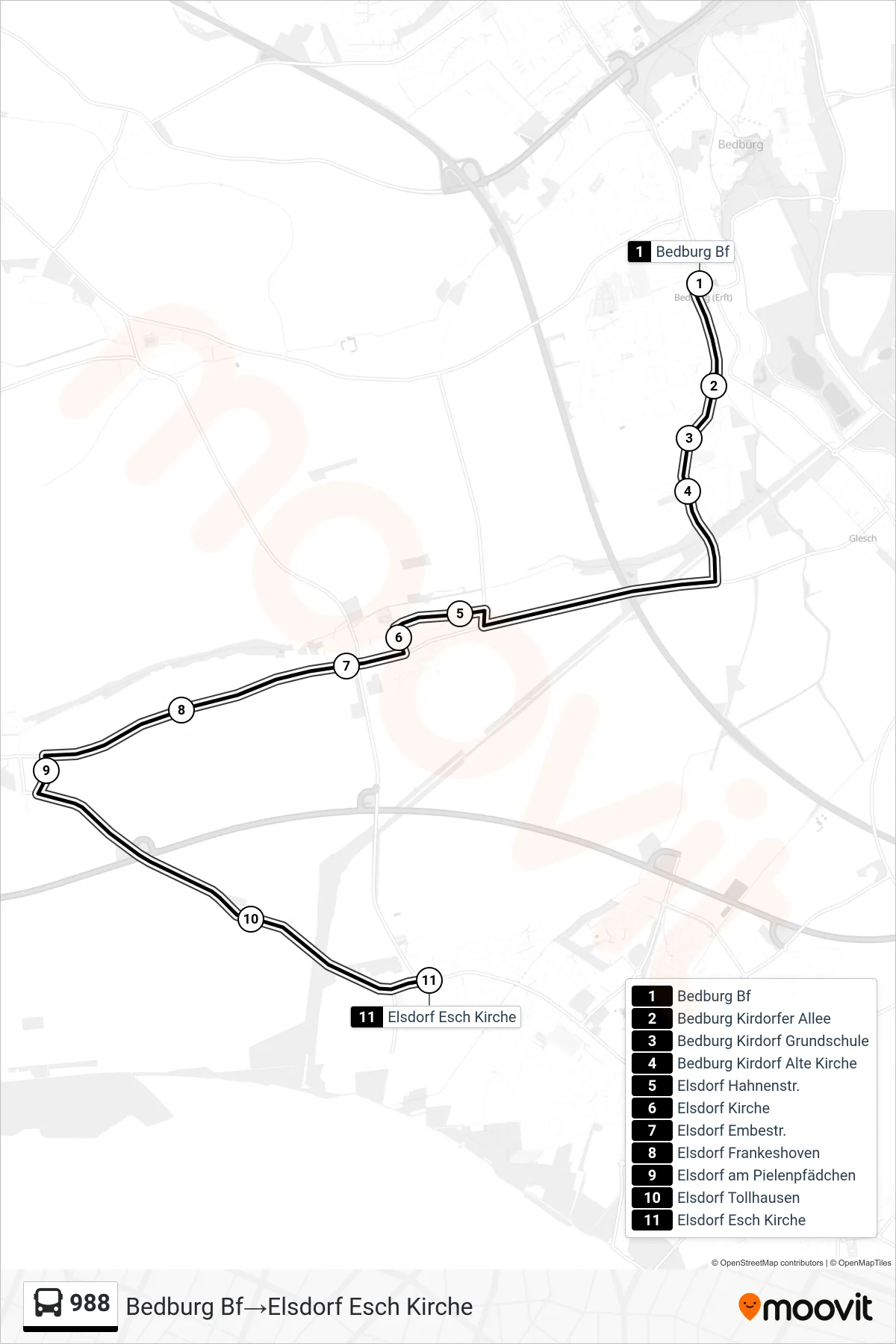 Linie 988 (Bus) Richtung Bedburg Bf→Elsdorf Esch Kirche: Route und Haltestellen auf der Karte