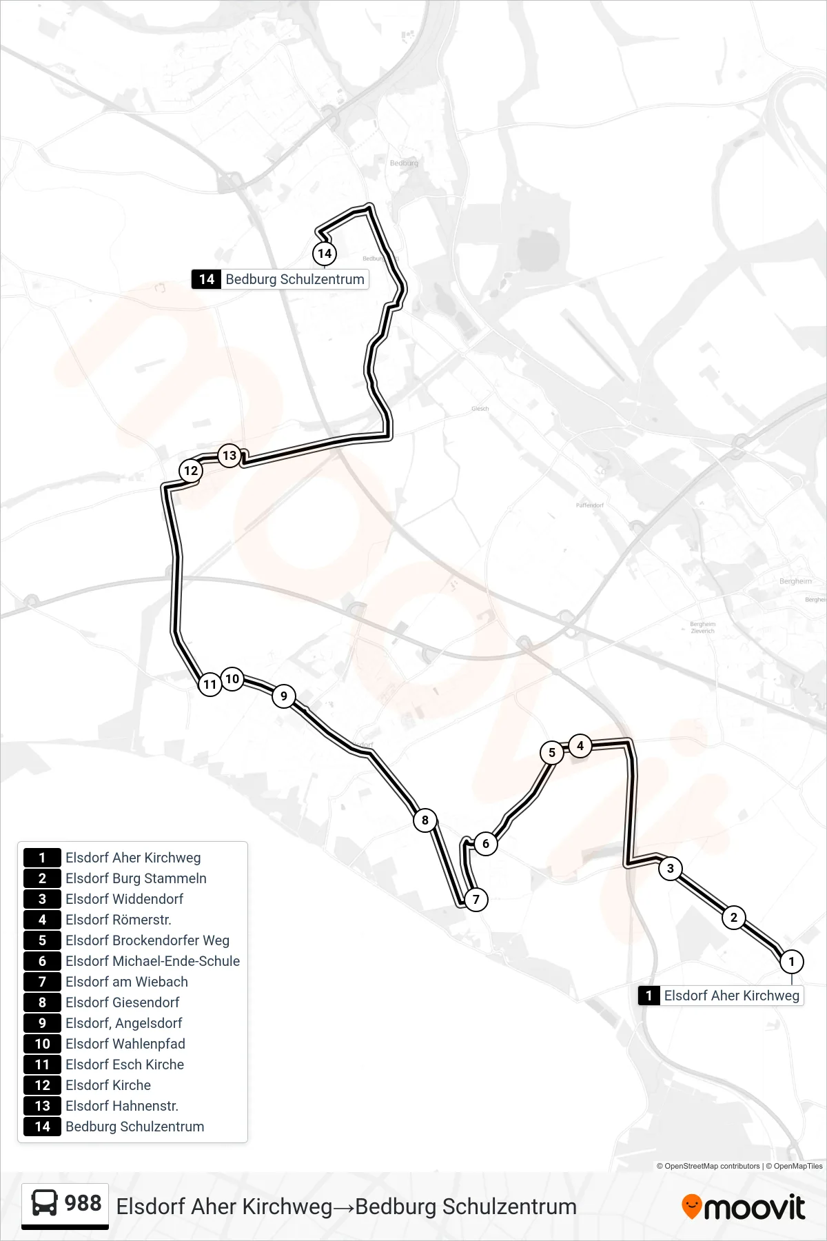 Linie 988 (Bus) Richtung Elsdorf Aher Kirchweg→Bedburg Schulzentrum: Route und Haltestellen auf der Karte