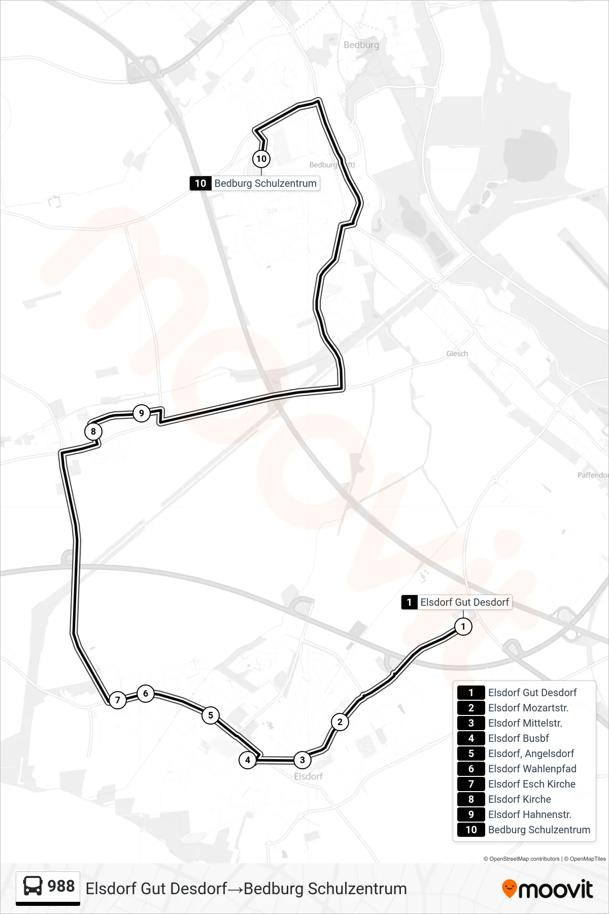 Linie 988 (Bus) Richtung Elsdorf Gut Desdorf‎→Bedburg Schulzentrum: Route und Haltestellen auf der Karte