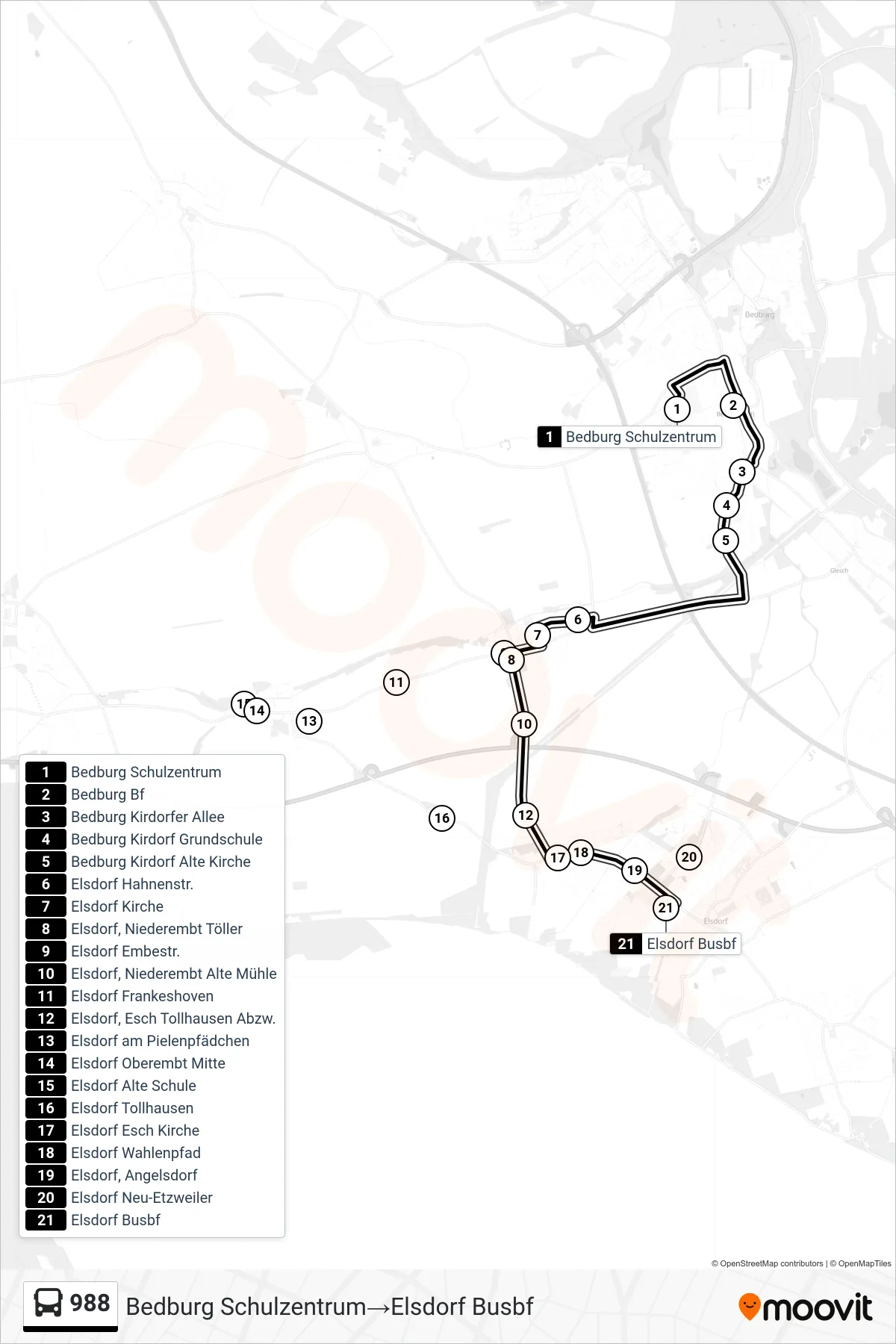Linie 988 (Bus) Richtung Bedburg Schulzentrum→Elsdorf Busbf: Route und Haltestellen auf der Karte