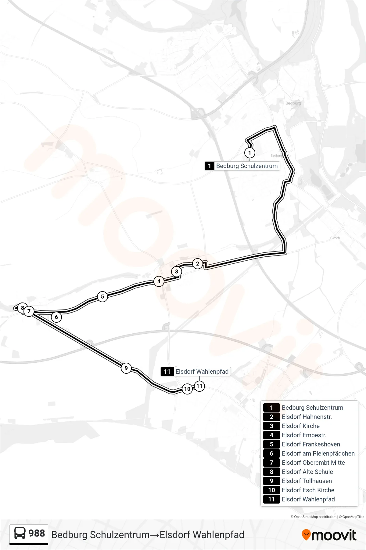 Linie 988 (Bus) Richtung Bedburg Schulzentrum‎→Elsdorf Wahlenpfad: Route und Haltestellen auf der Karte
